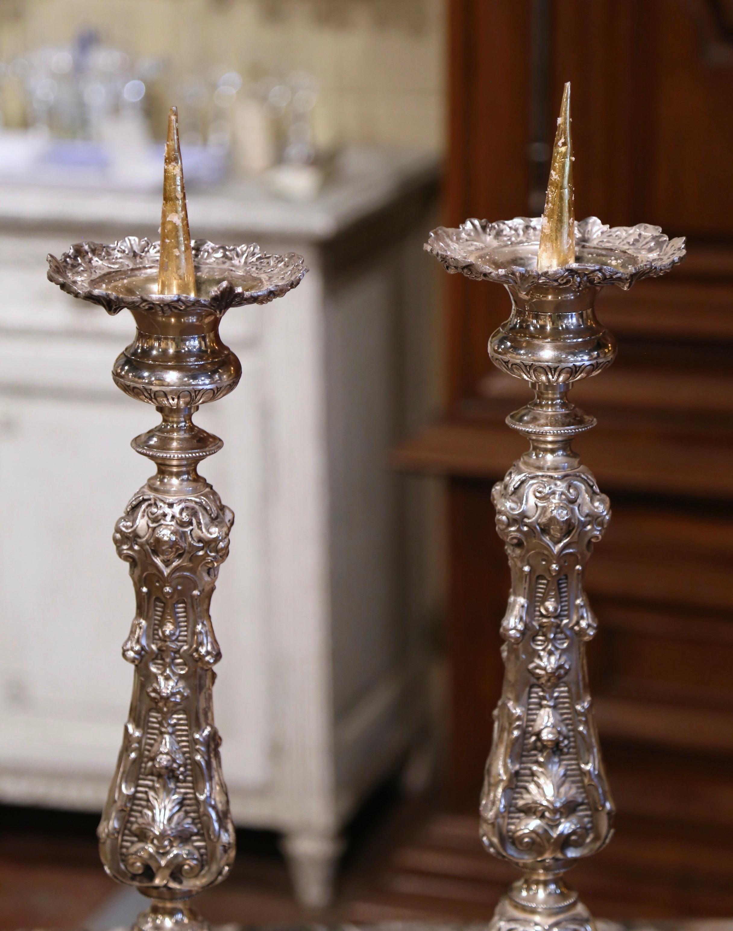 Pair of 19th Century French Carved Repousse Silver Plated Brass Candle Holders For Sale 1