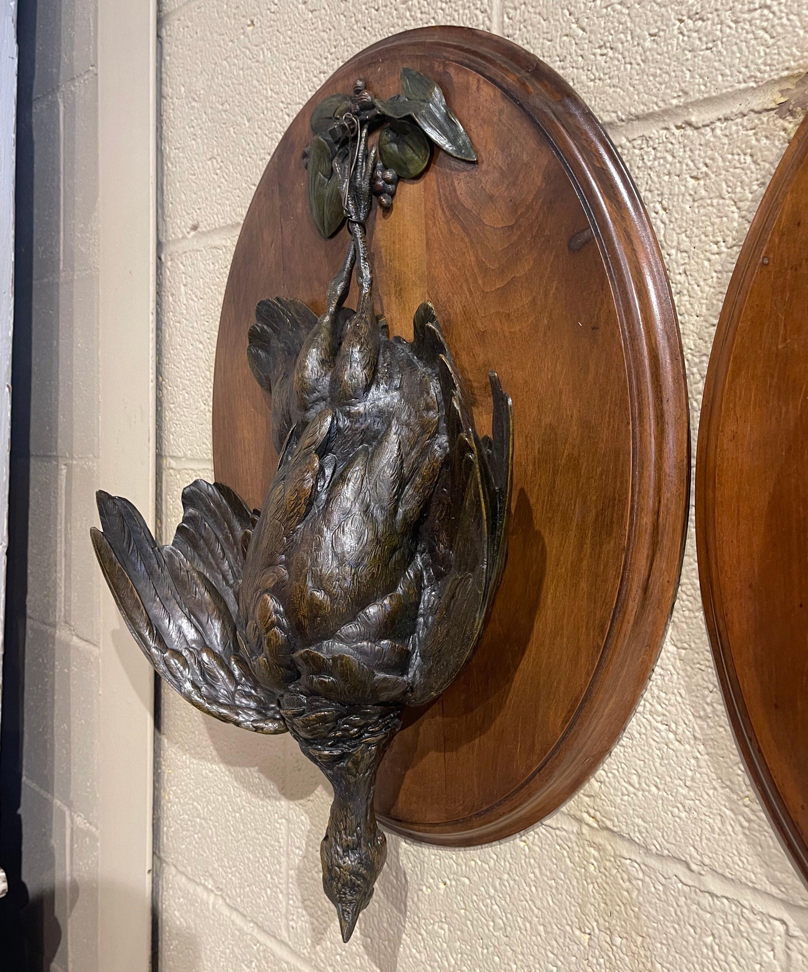 Pair of 19th Century French Carved Spelter Bird Wall Trophies on Walnut Plaques 6