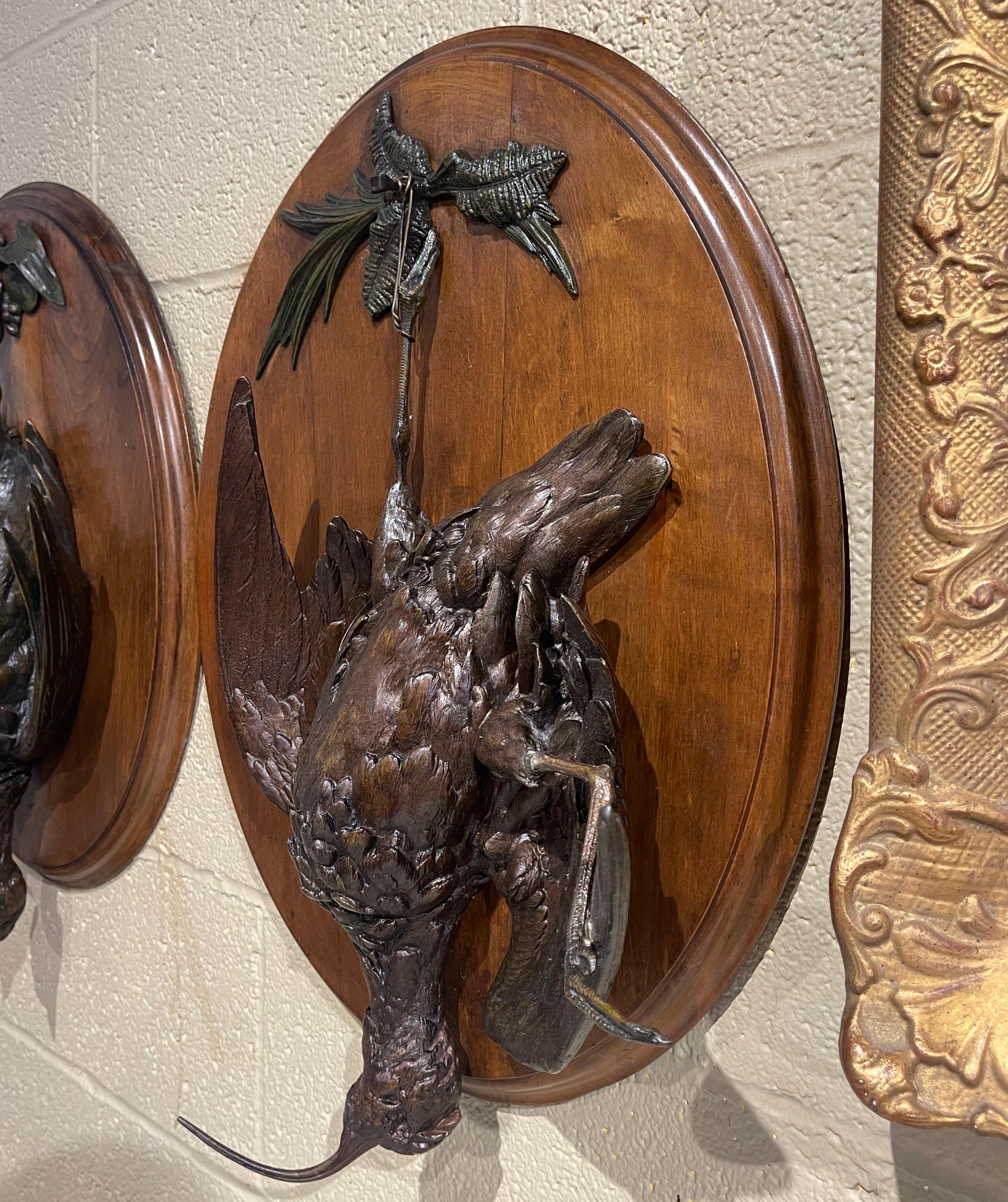 Pair of 19th Century French Carved Spelter Bird Wall Trophies on Walnut Plaques 8