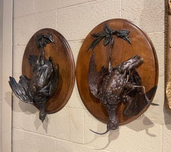 Pair of 19th Century French Carved Spelter Bird Wall Trophies on Walnut Plaques