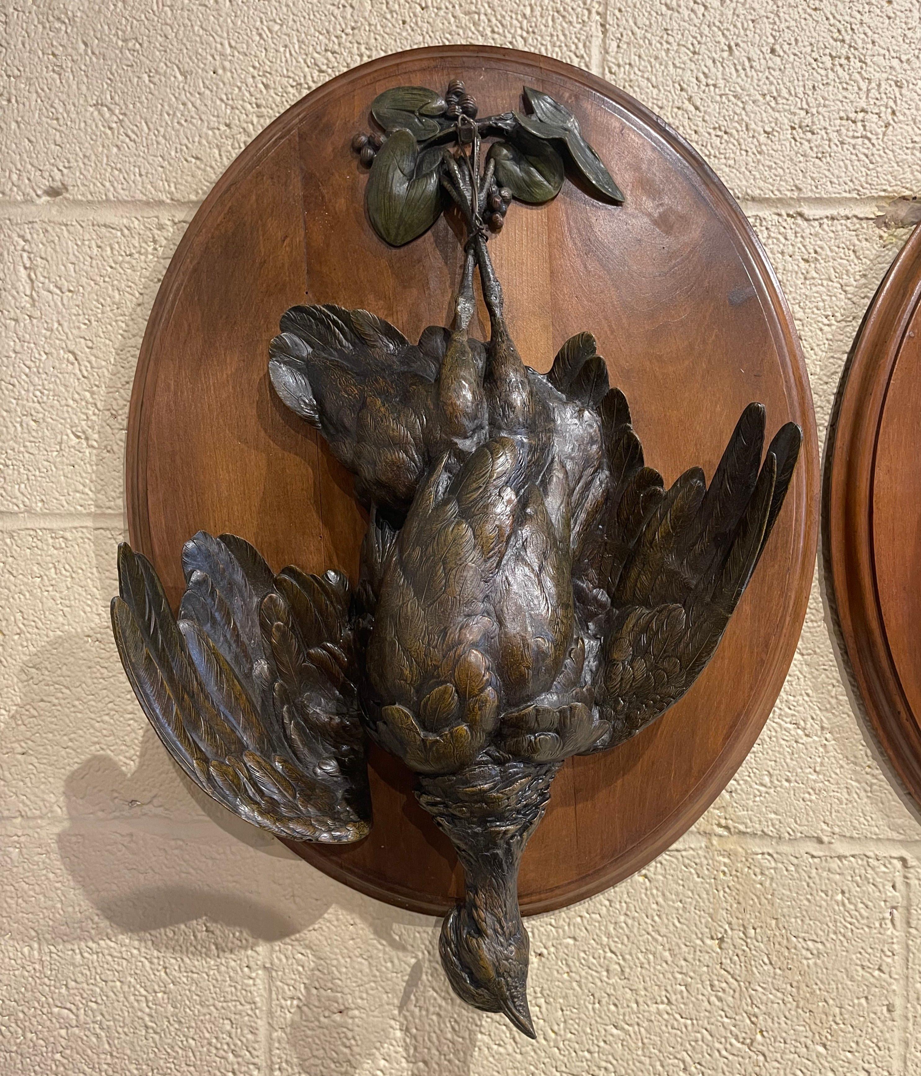 Black Forest Pair of 19th Century French Carved Spelter Bird Wall Trophies on Walnut Plaques