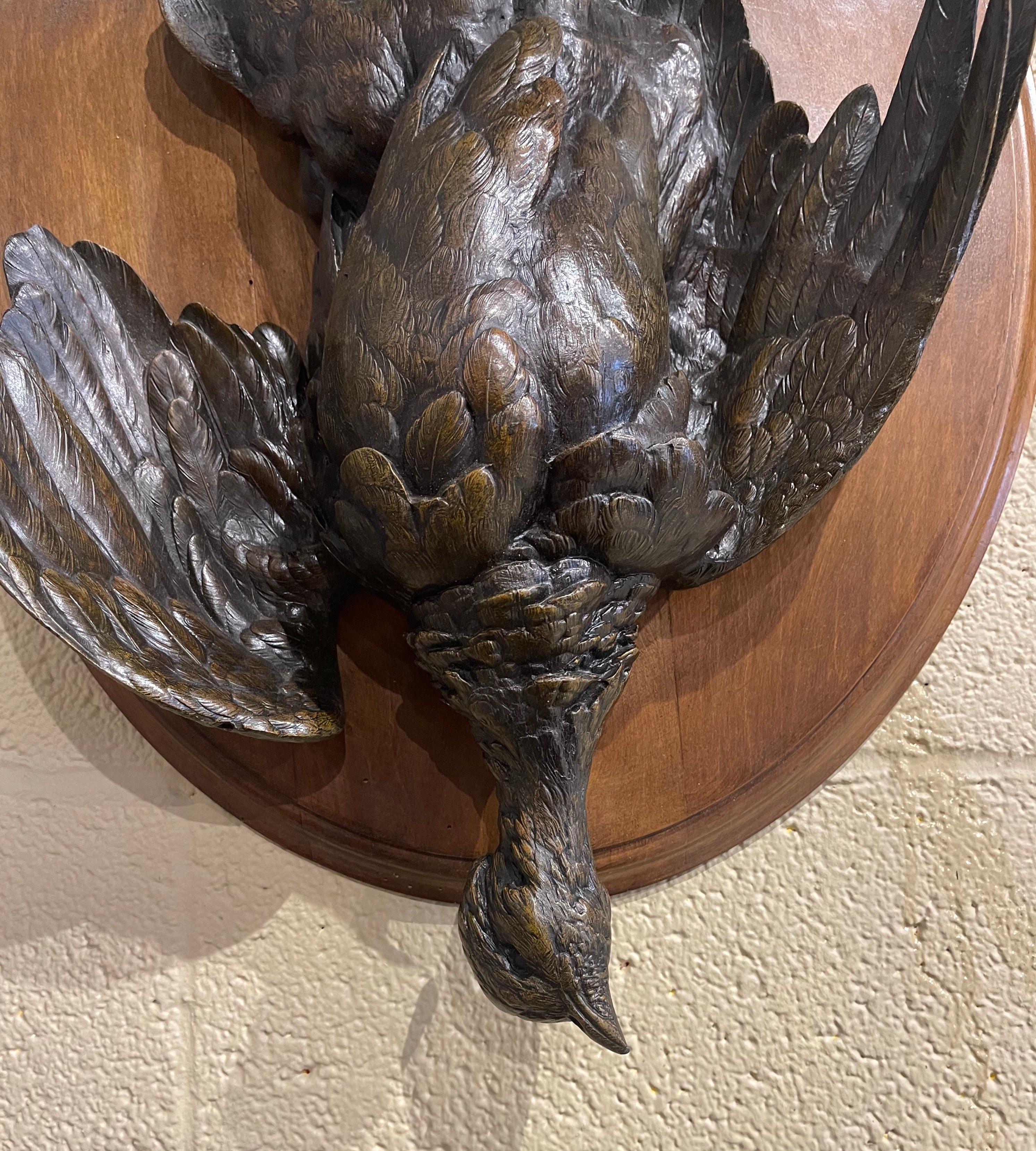 Hand-Carved Pair of 19th Century French Carved Spelter Bird Wall Trophies on Walnut Plaques