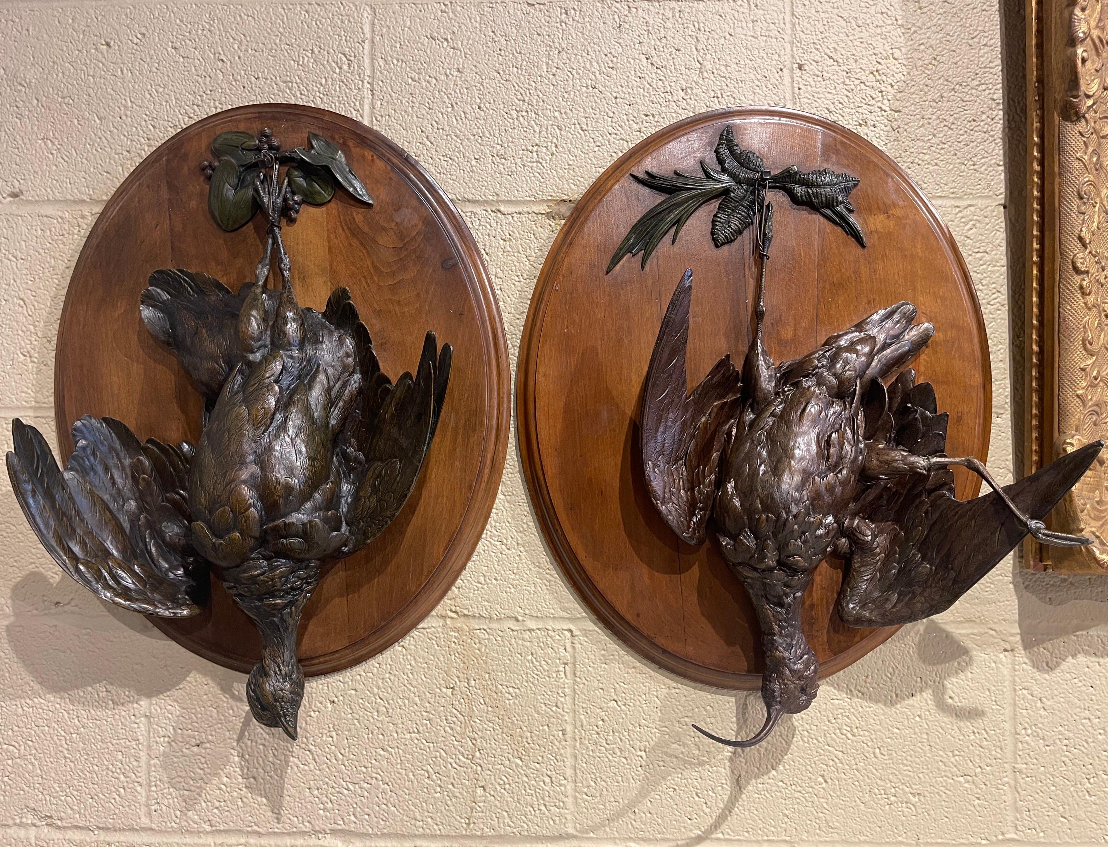 Pair of 19th Century French Carved Spelter Bird Wall Trophies on Walnut Plaques 2