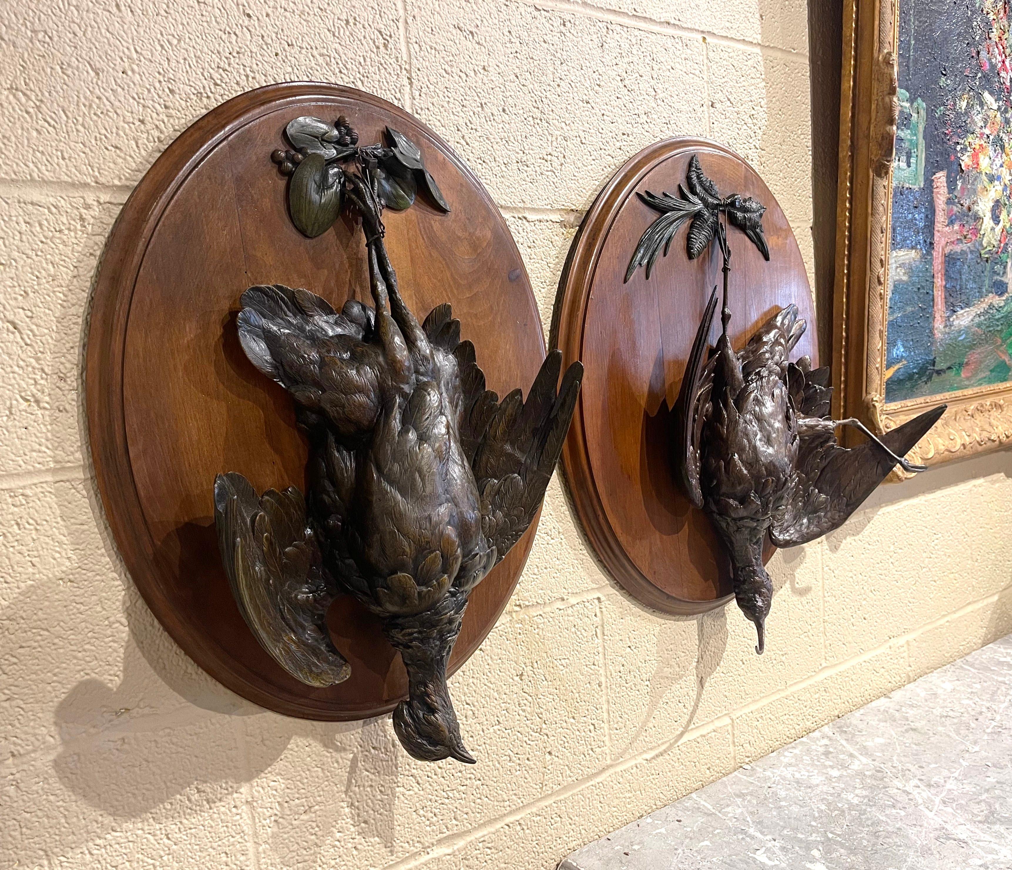 Pair of 19th Century French Carved Spelter Bird Wall Trophies on Walnut Plaques 4