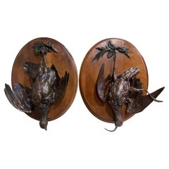 Pair of 19th Century French Carved Spelter Bird Wall Trophies on Walnut Plaques