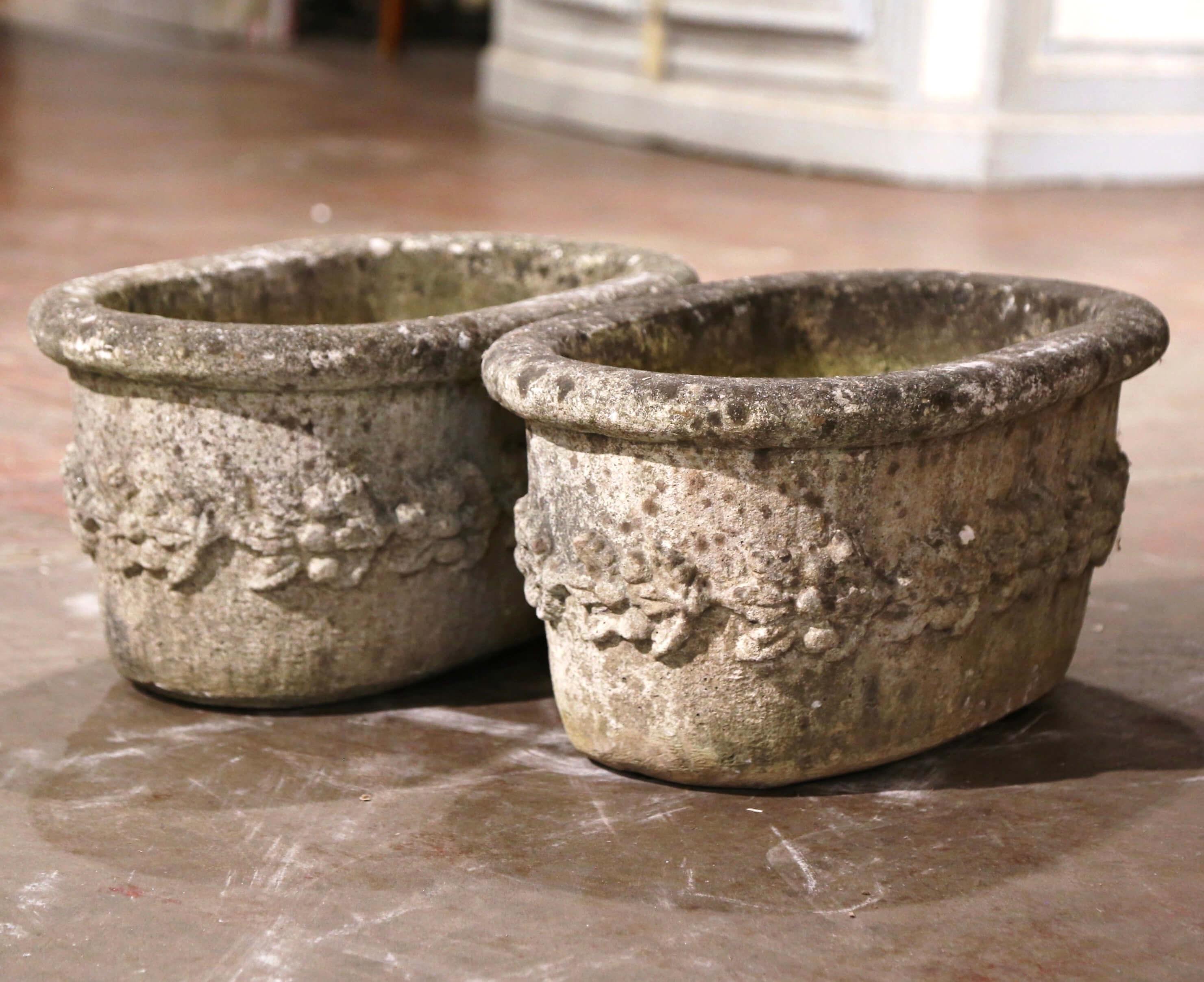 Hand-Carved Pair of 19th Century French Carved Stone Planters with Floral Decor