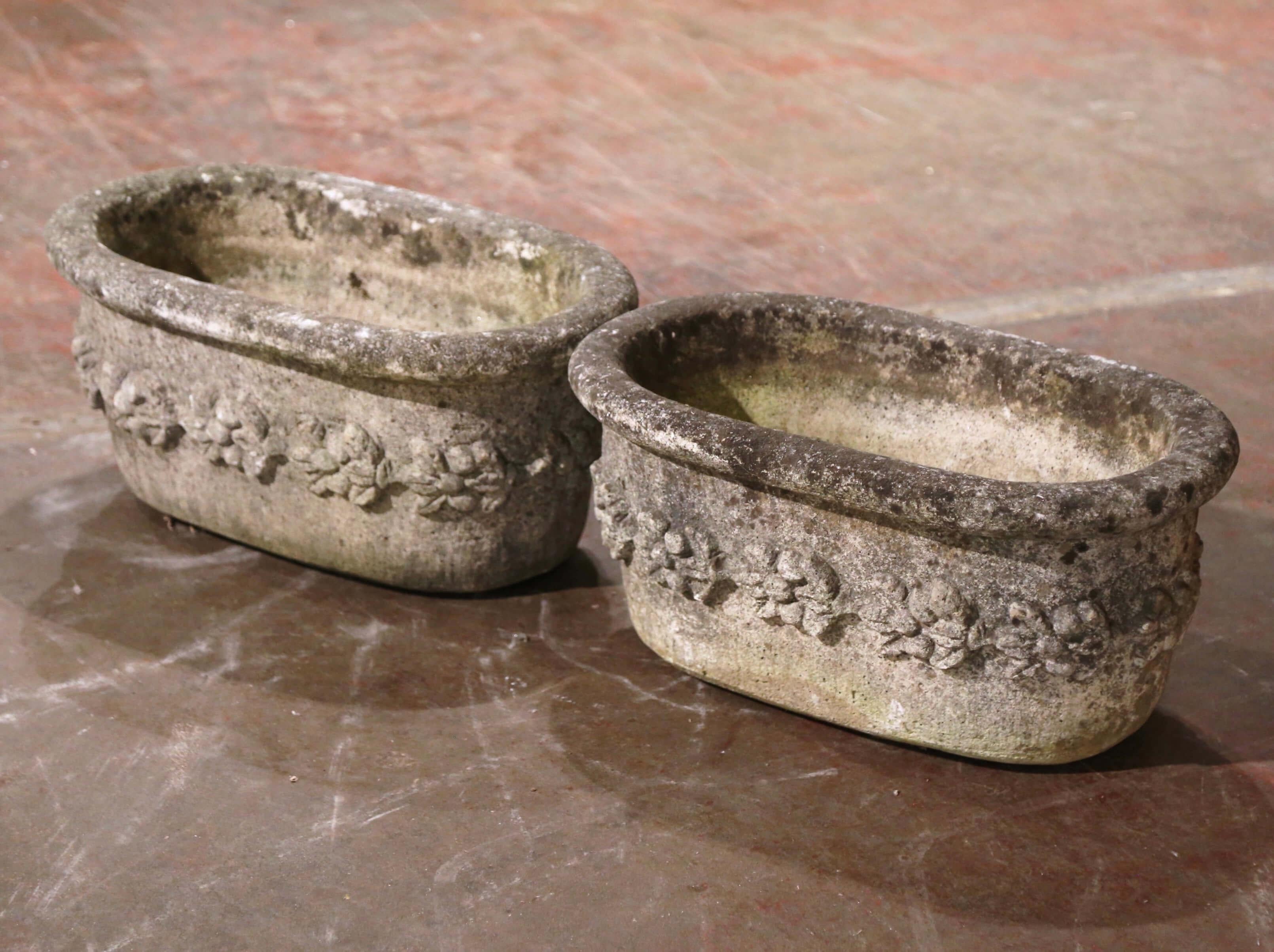 Pair of 19th Century French Carved Stone Planters with Floral Decor In Excellent Condition In Dallas, TX