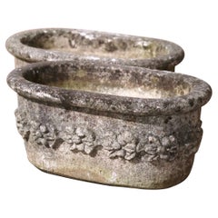 Antique Pair of 19th Century French Carved Stone Planters with Floral Decor