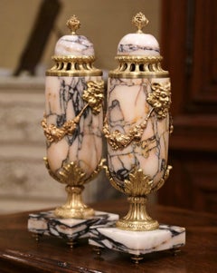 Pair of 19th Century French Carved Variegated Marble and Bronze Cassolettes