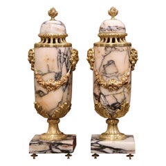 Pair of 19th Century French Carved Variegated Marble and Bronze Cassolettes