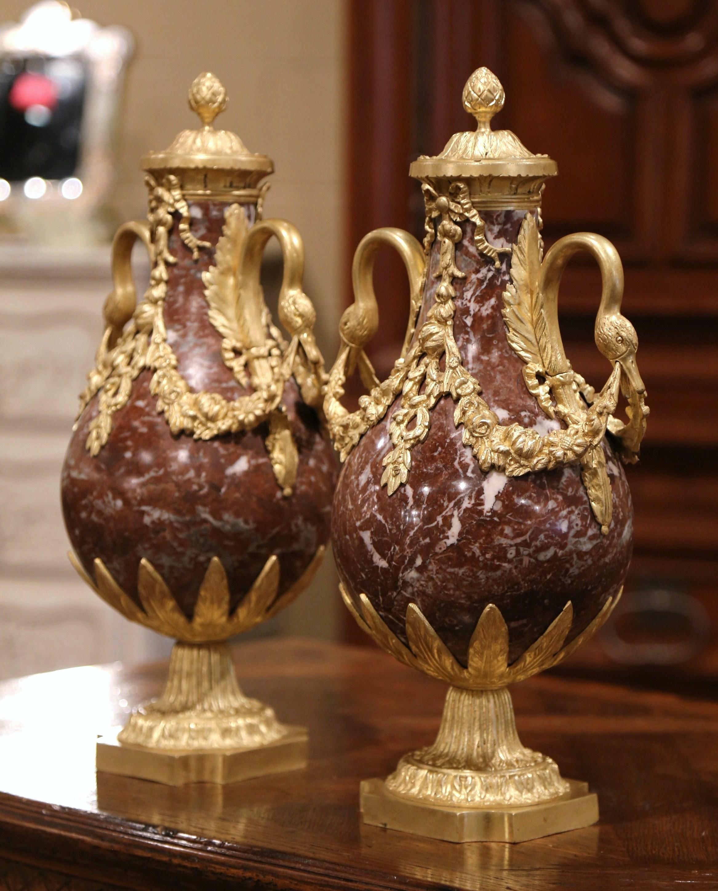 Neoclassical Pair of 19th Century French Carved Variegated Marble and Gilt Bronze Cassolettes