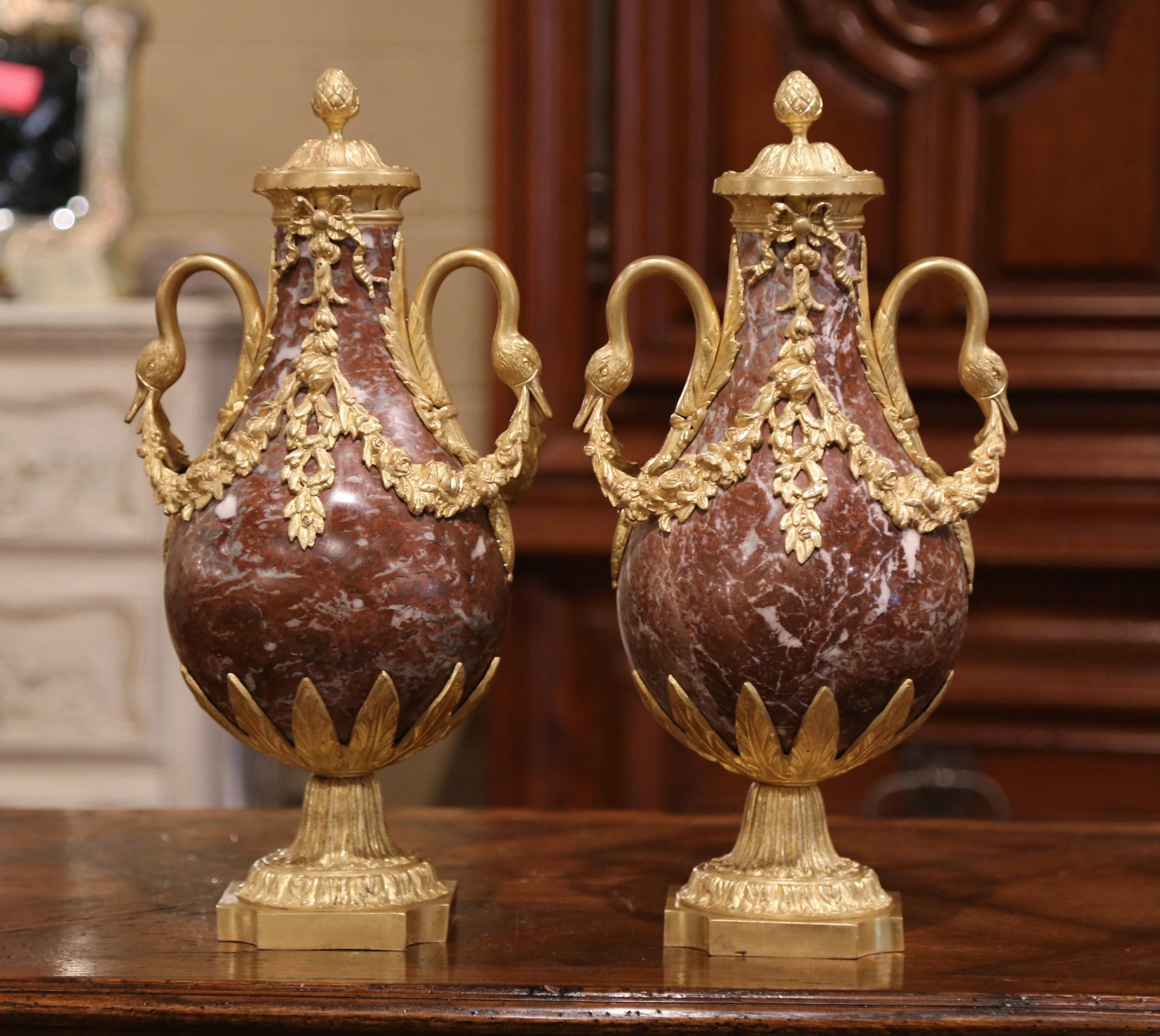 Pair of 19th Century French Carved Variegated Marble and Gilt Bronze Cassolettes In Excellent Condition In Dallas, TX