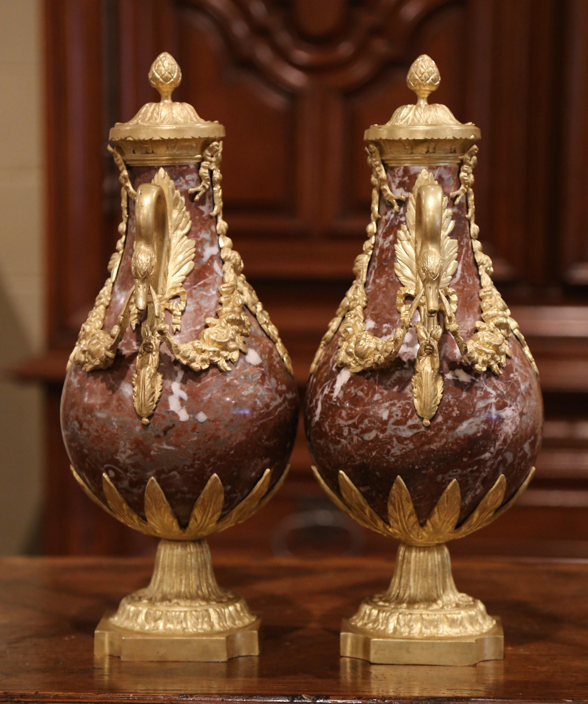 Pair of 19th Century French Carved Variegated Marble and Gilt Bronze Cassolettes 1