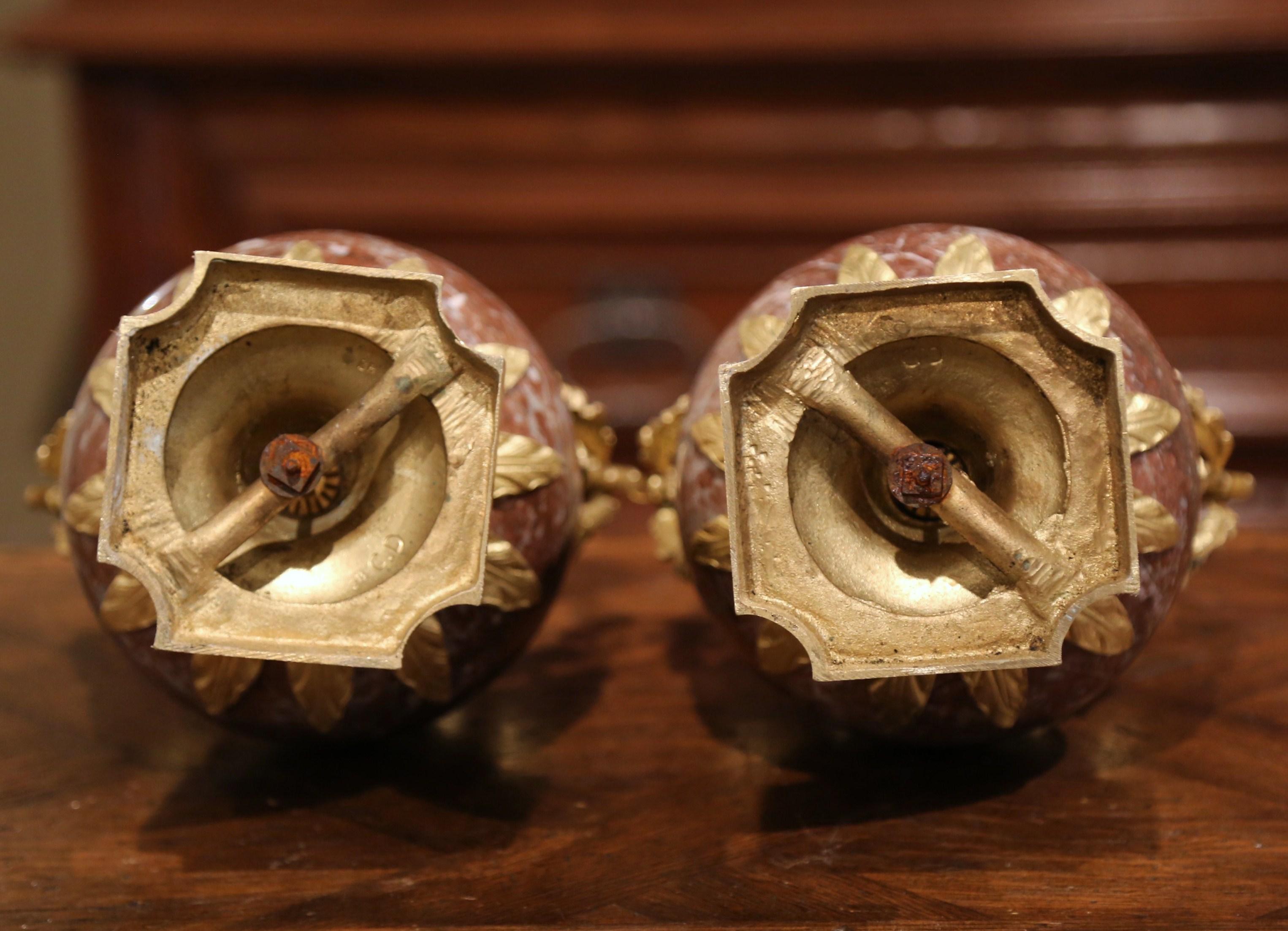 Pair of 19th Century French Carved Variegated Marble and Gilt Bronze Cassolettes 2