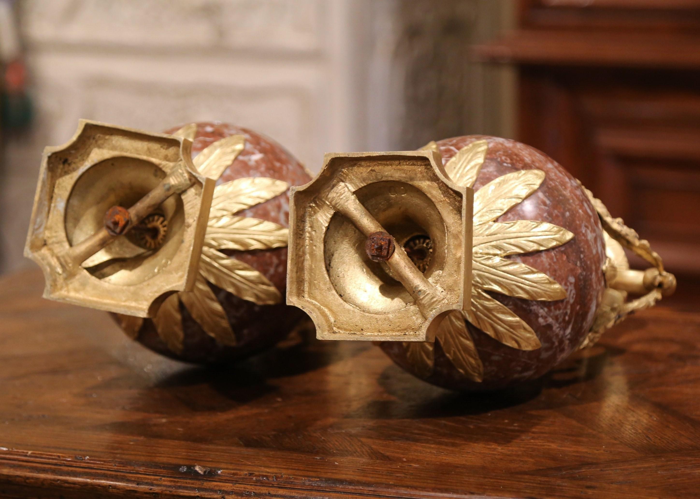 Pair of 19th Century French Carved Variegated Marble and Gilt Bronze Cassolettes 3