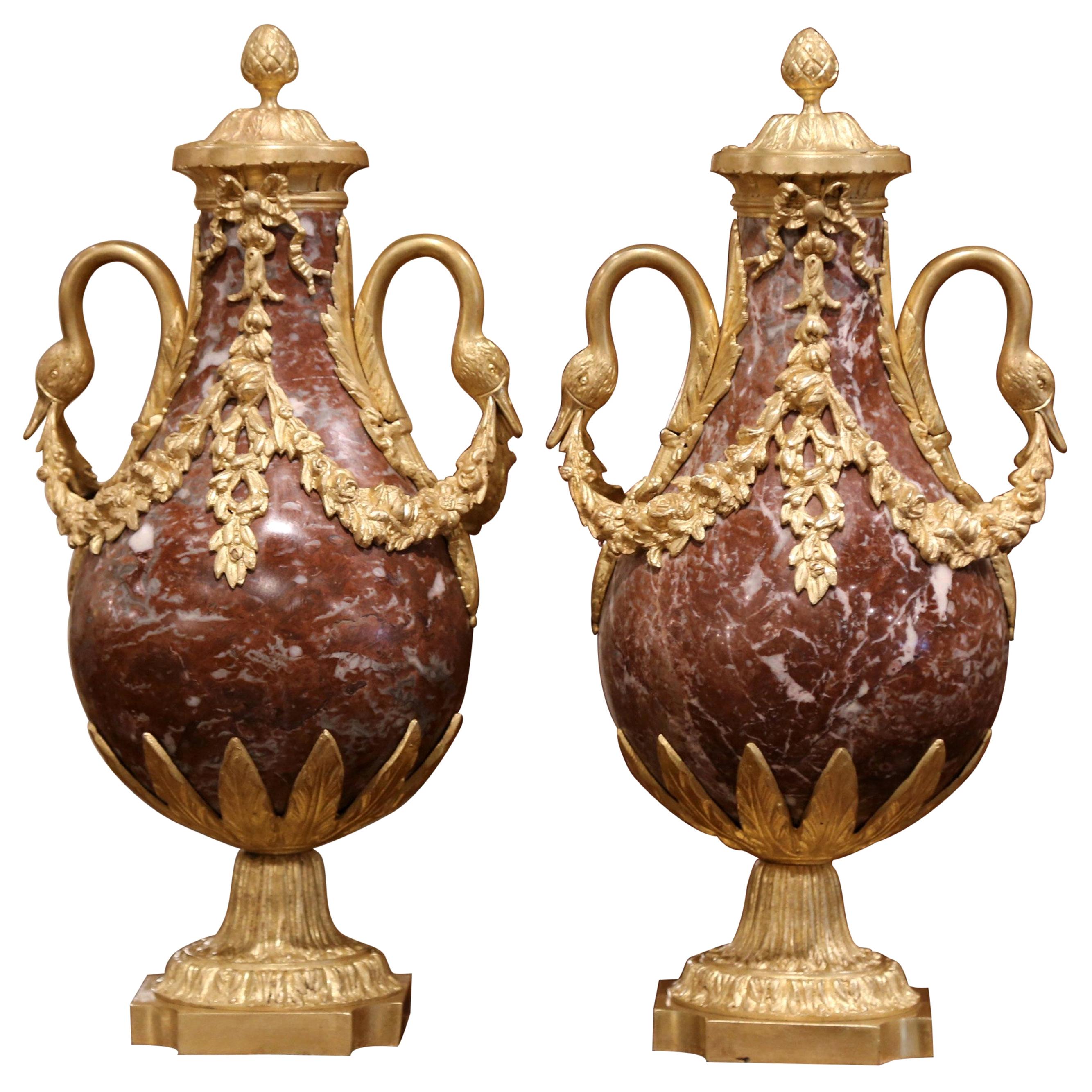 Pair of 19th Century French Carved Variegated Marble and Gilt Bronze Cassolettes