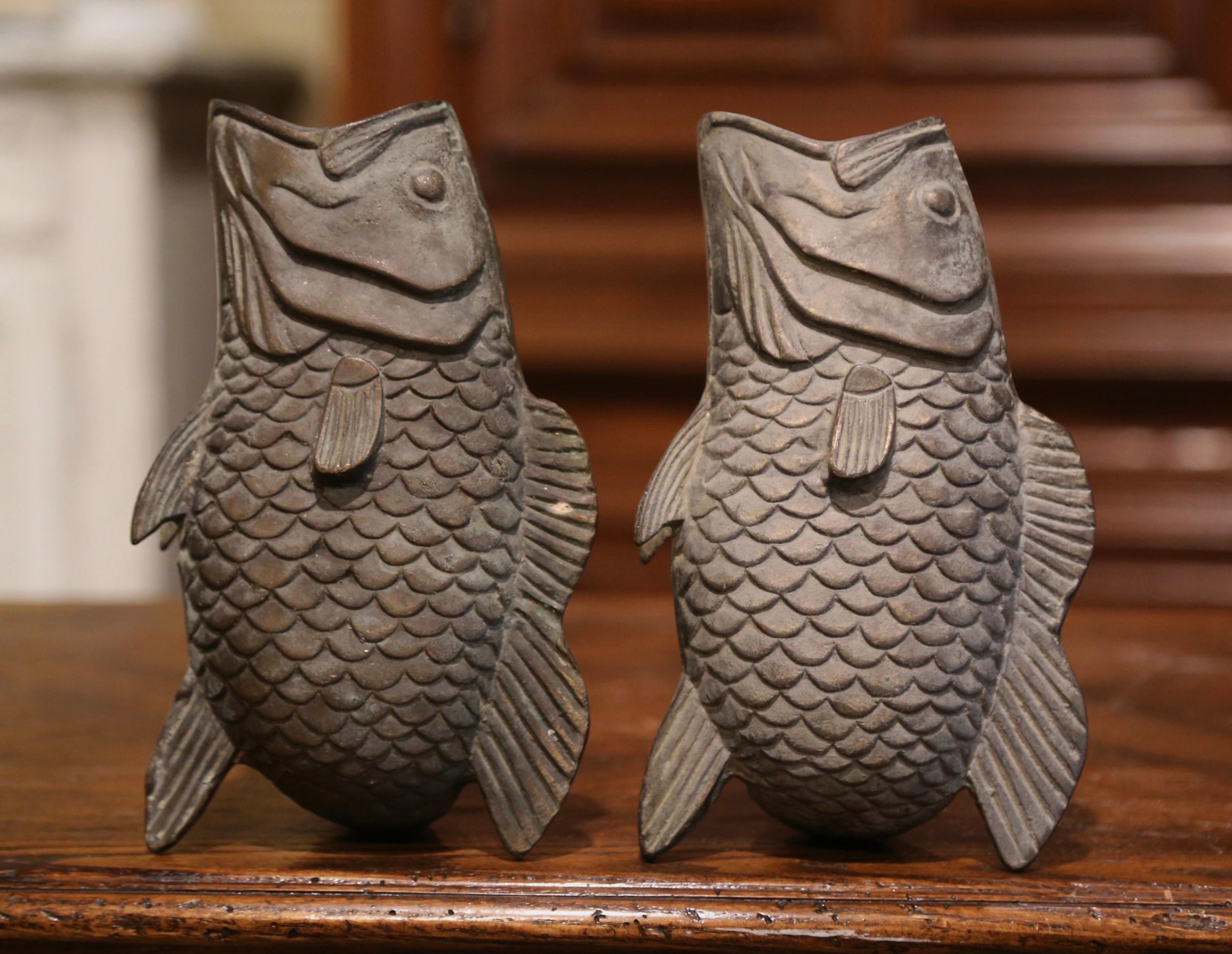 Pair of 19th Century French Carved Verdigris Patinated Bronze Fish-Form Vases For Sale 1