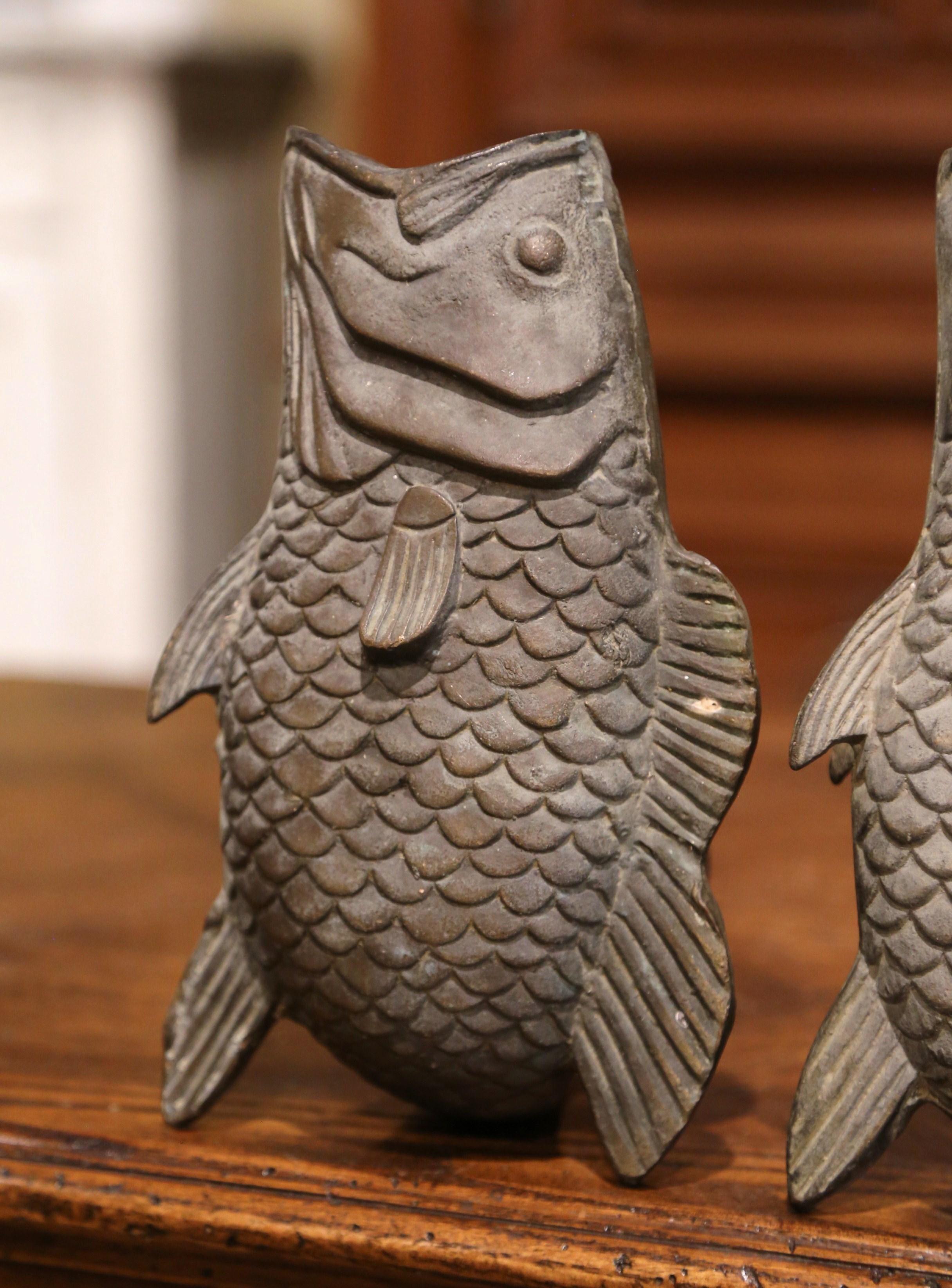 Pair of 19th Century French Carved Verdigris Patinated Bronze Fish-Form Vases For Sale 2