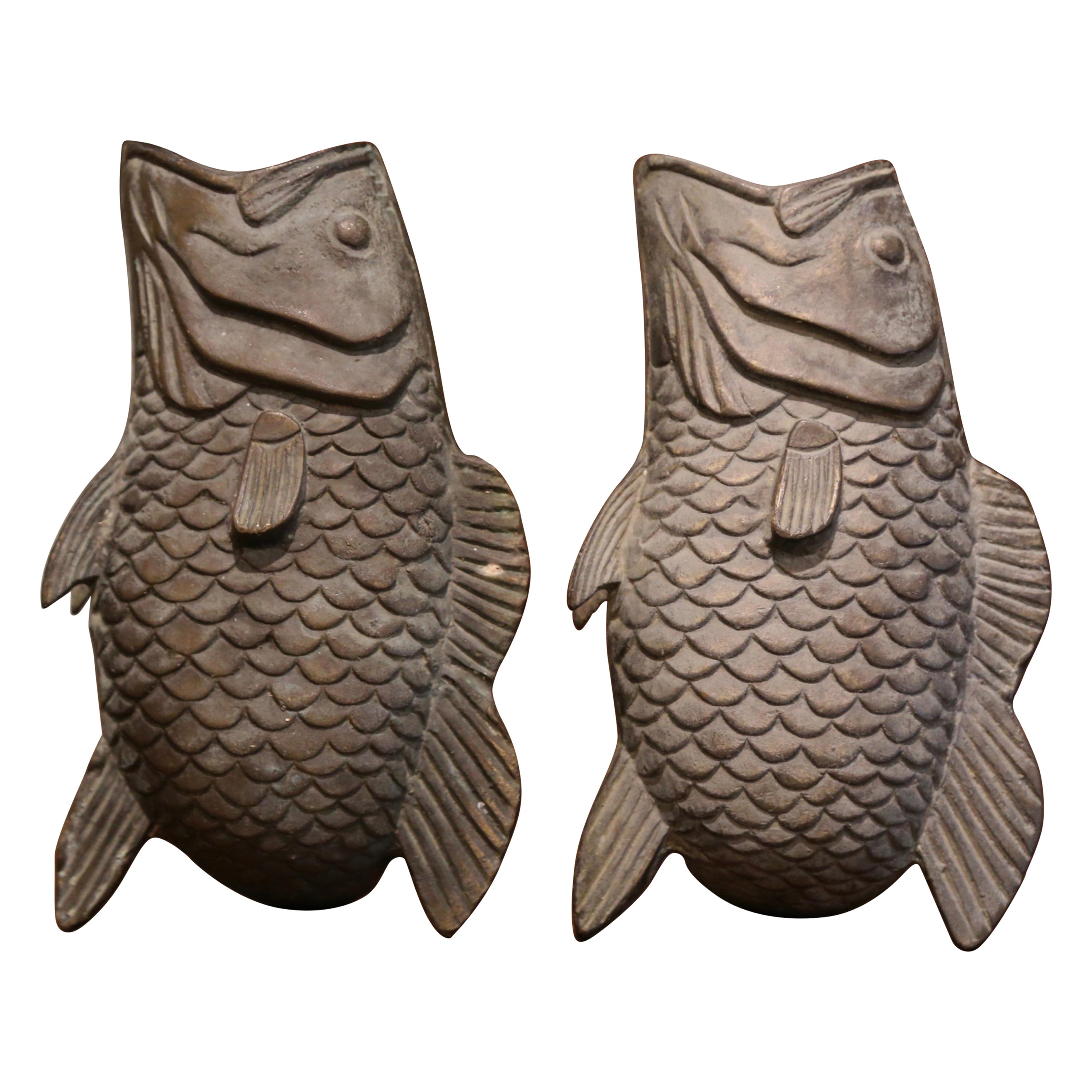 Pair of 19th Century French Carved Verdigris Patinated Bronze Fish-Form Vases