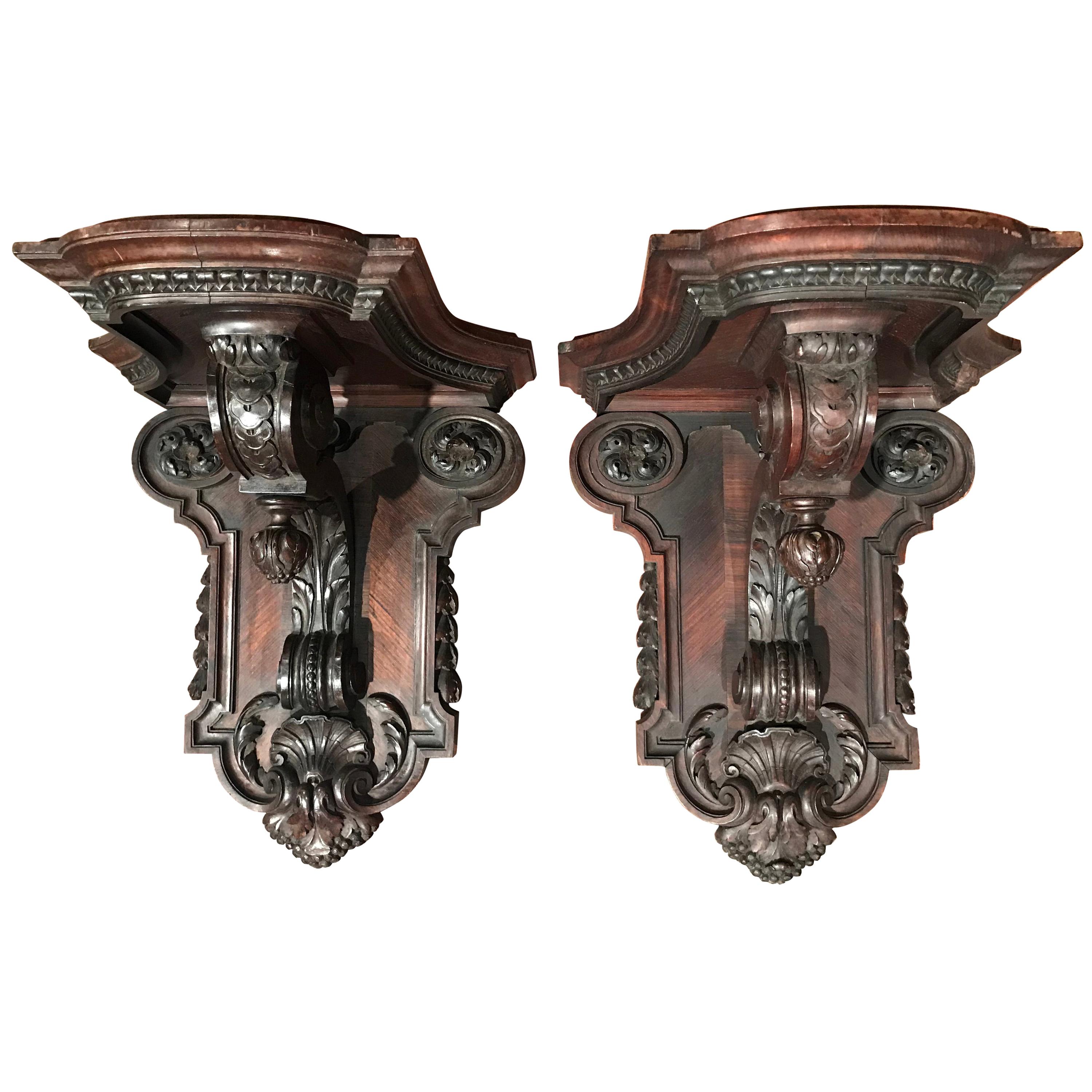 Pair of 19th Century, French Carved Walnut and Veneer Corbels Wall