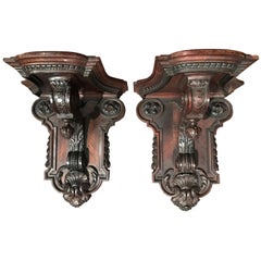 Pair of 19th Century, French Carved Walnut and Veneer Corbels Wall Brackets