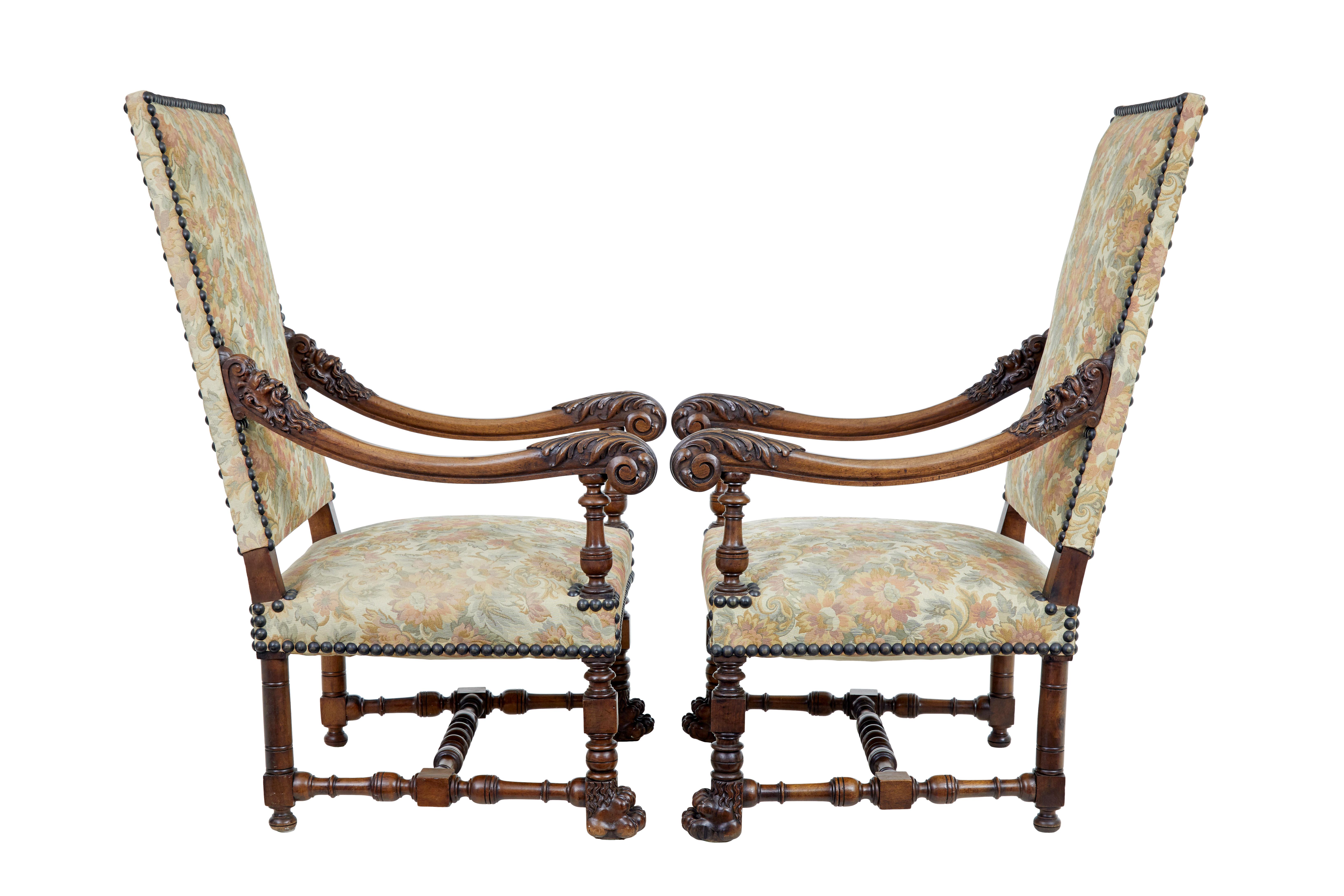 Hand-Carved Pair of 19th century French carved walnut armchairs For Sale