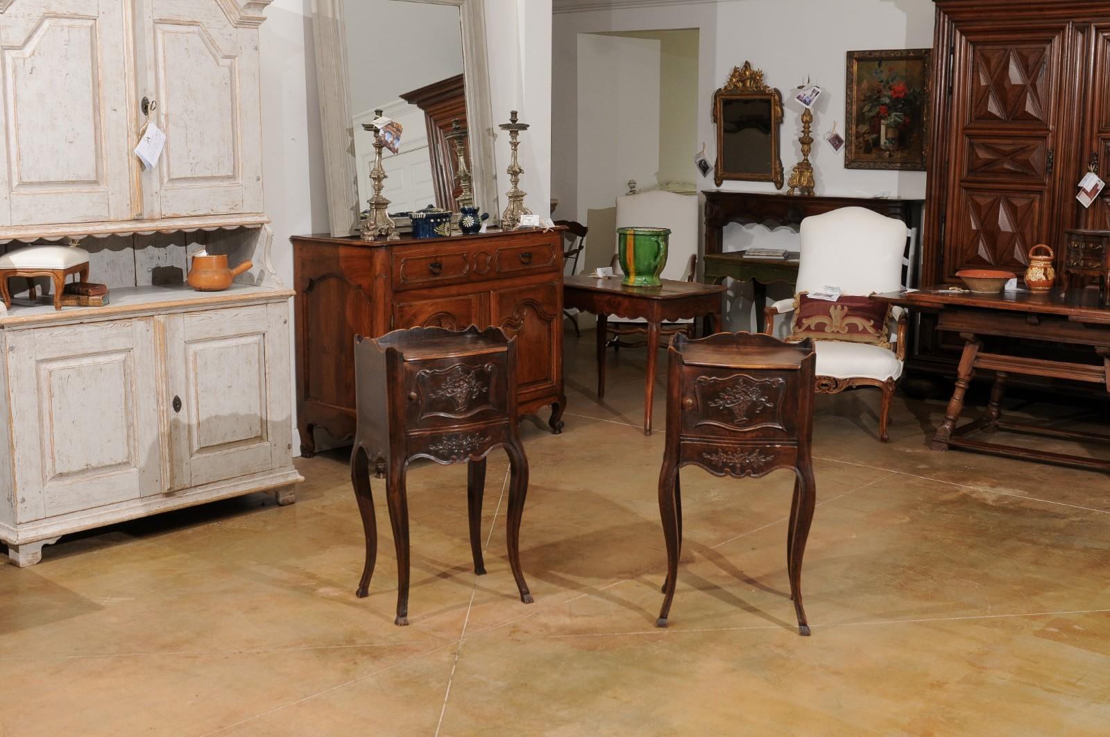 Pair of 19th Century French Carved Walnut Bedside Tables with Doors and Drawers In Good Condition In Atlanta, GA