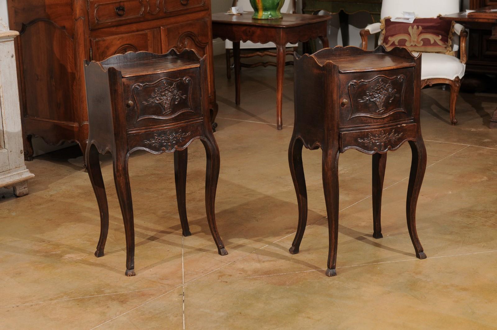 Pair of 19th Century French Carved Walnut Bedside Tables with Doors and Drawers 1