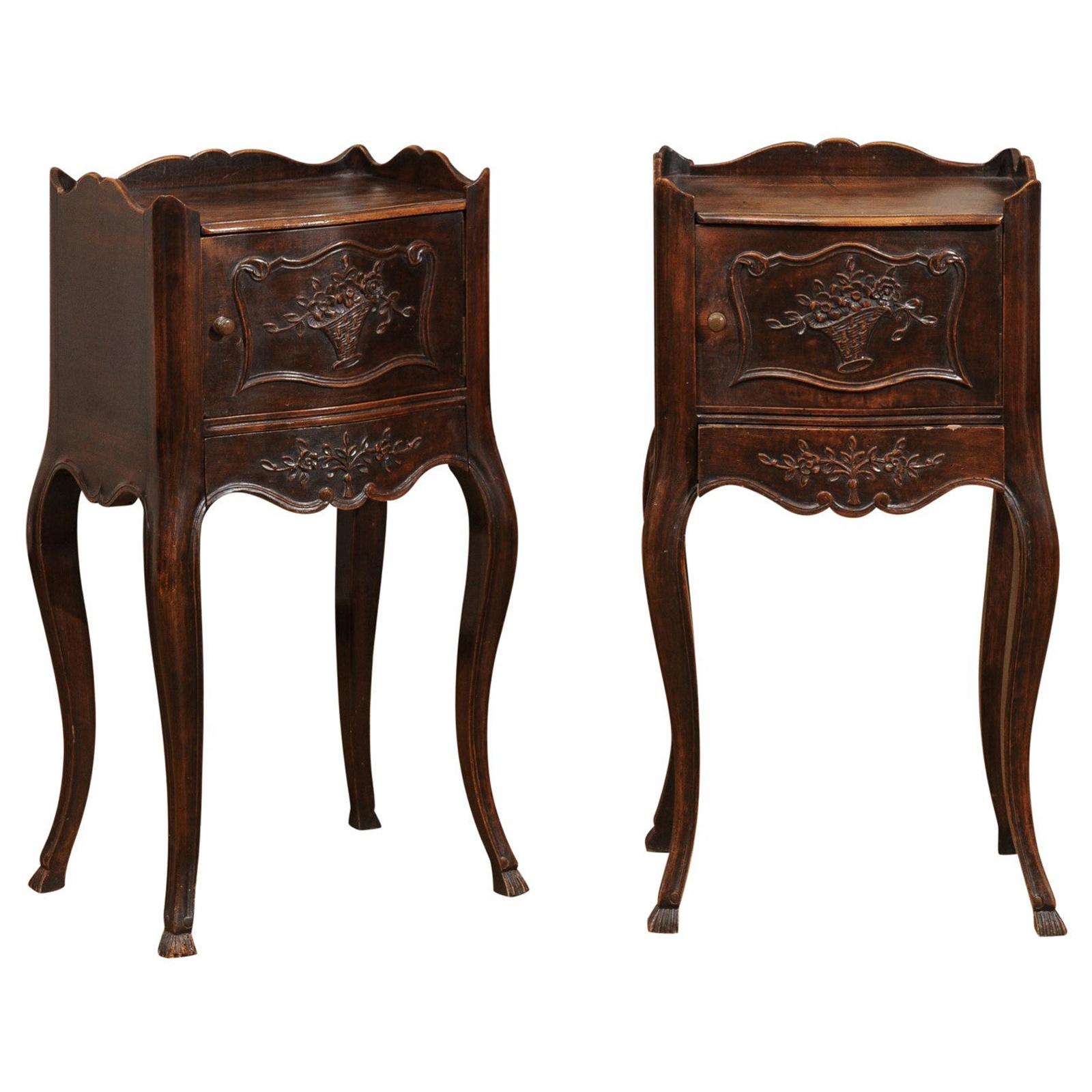 Pair of 19th Century French Carved Walnut Bedside Tables with Doors and Drawers