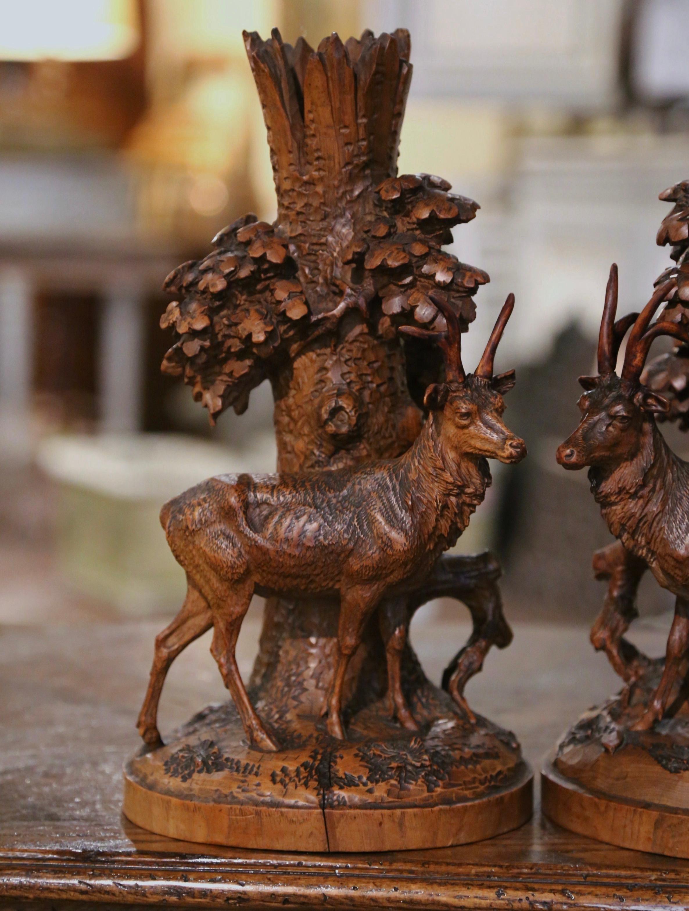 Hand-Carved Pair of 19th Century French Carved Walnut Black Forest Deer Composition Carvings