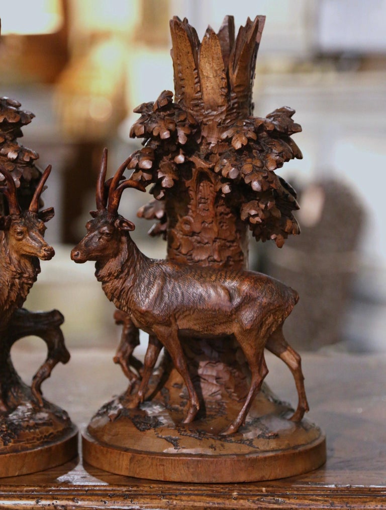 Pair of 19th Century French Carved Walnut Black Forest Deer Composition
