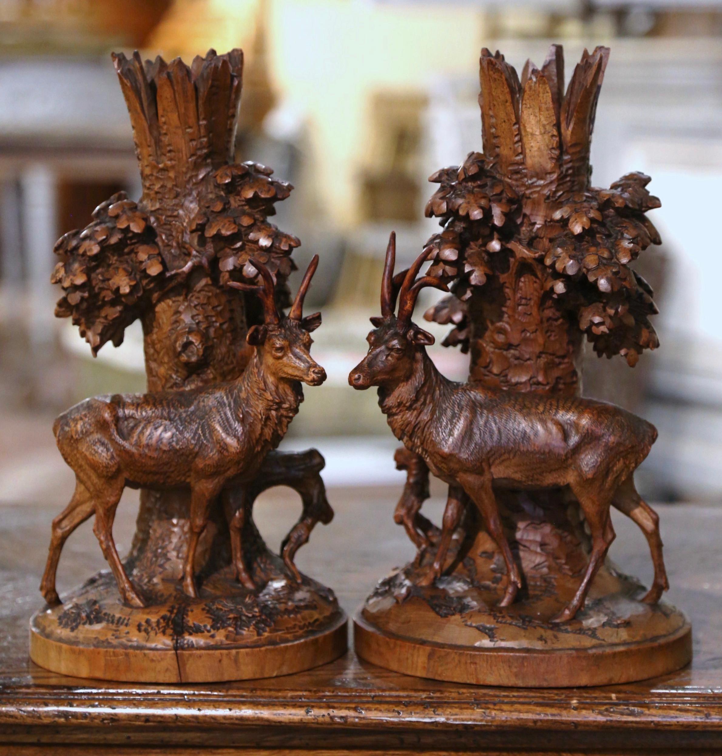 Pair of 19th Century French Carved Walnut Black Forest Deer Composition Carvings 1