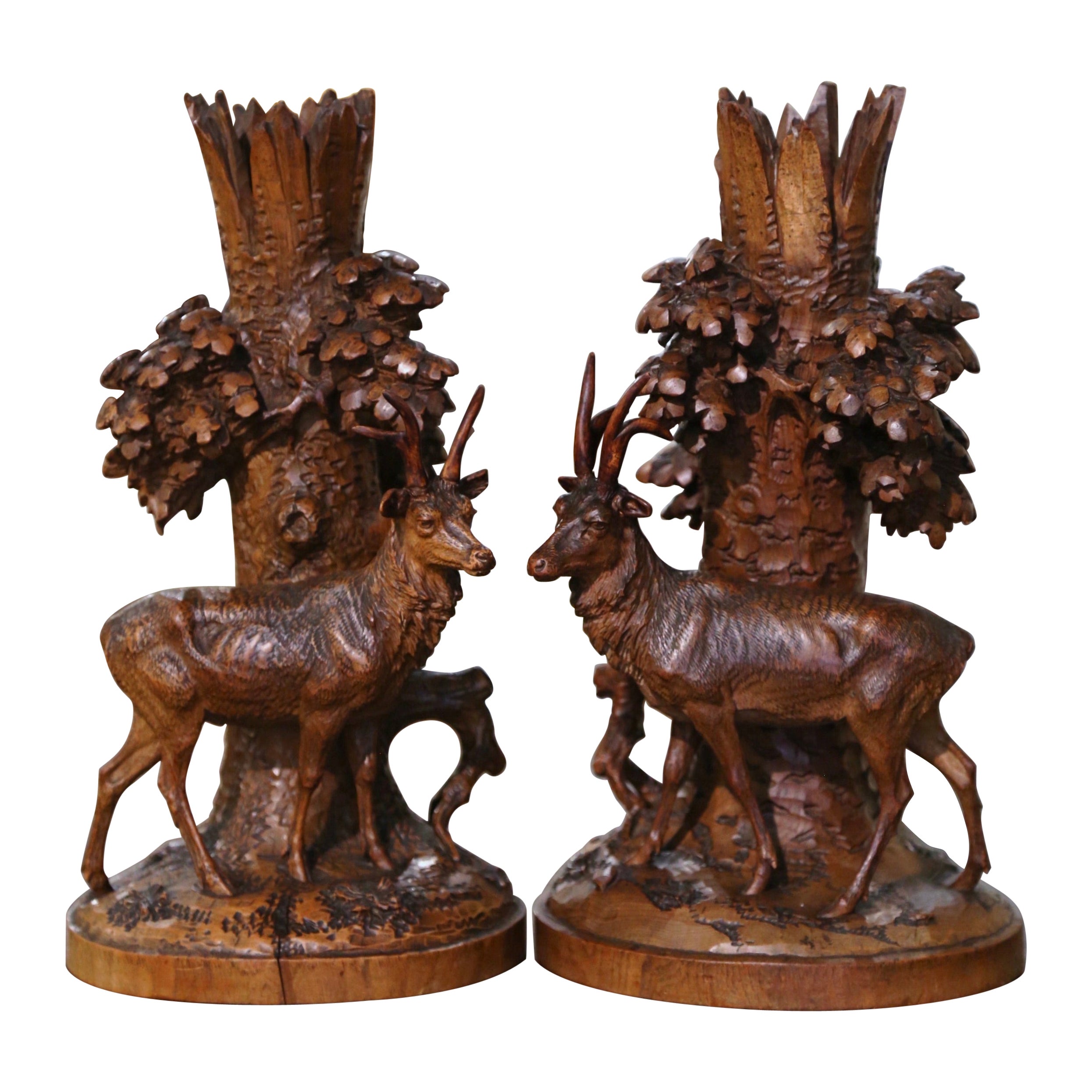 Pair of 19th Century French Carved Walnut Black Forest Deer Composition Carvings