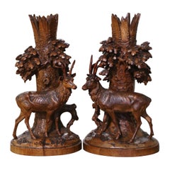 Pair of 19th Century French Carved Walnut Black Forest Deer Composition Carvings