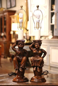 Pair of 19th Century French Walnut Cabaret Figure Lamps on Barrel Bases
