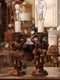 19th Century French Black Forest Carved Cabaret Character Lamps on Barrel Bases