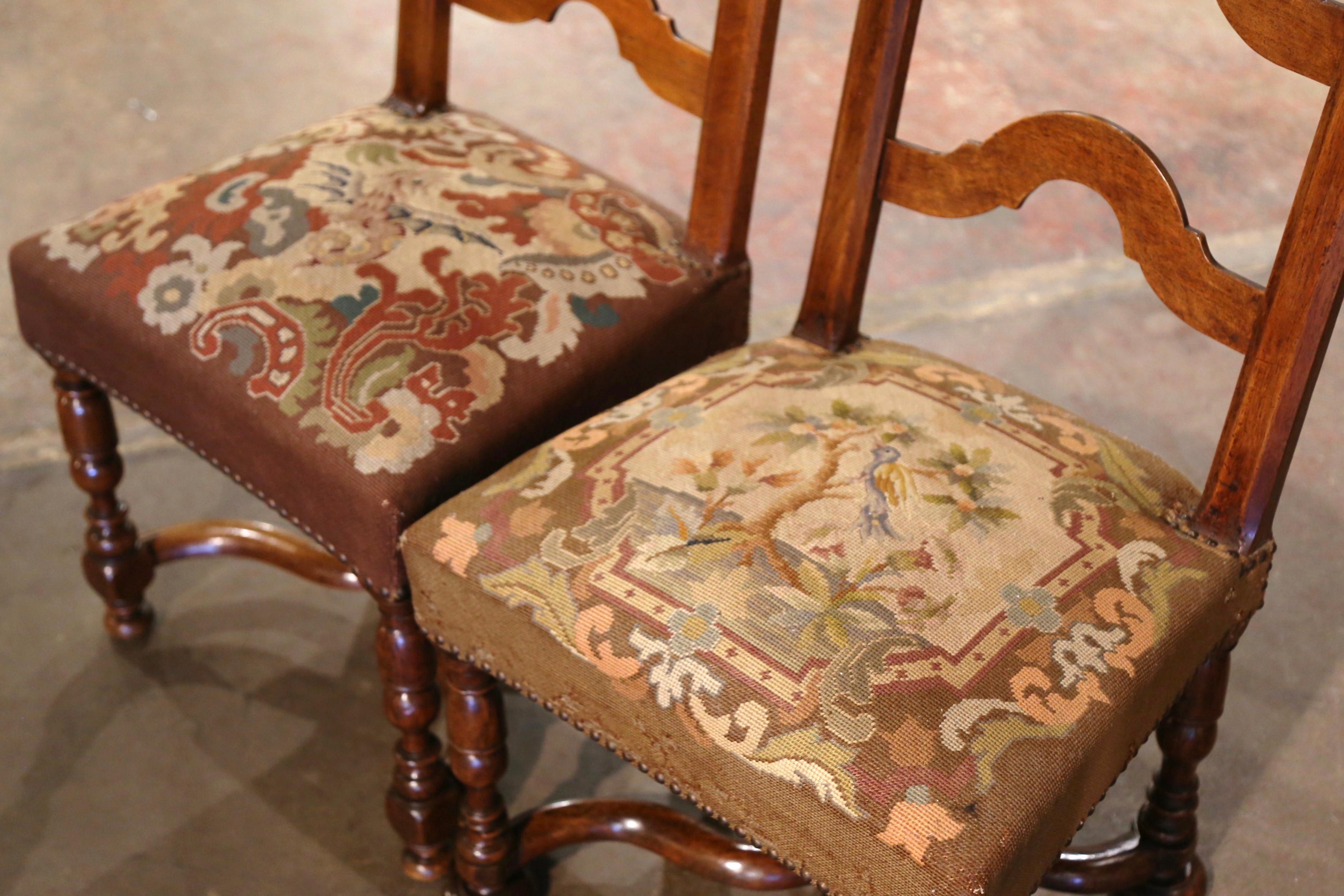 Louis XIV Pair of 19th Century French Carved Walnut Chairs with Needlepoint Upholstery For Sale
