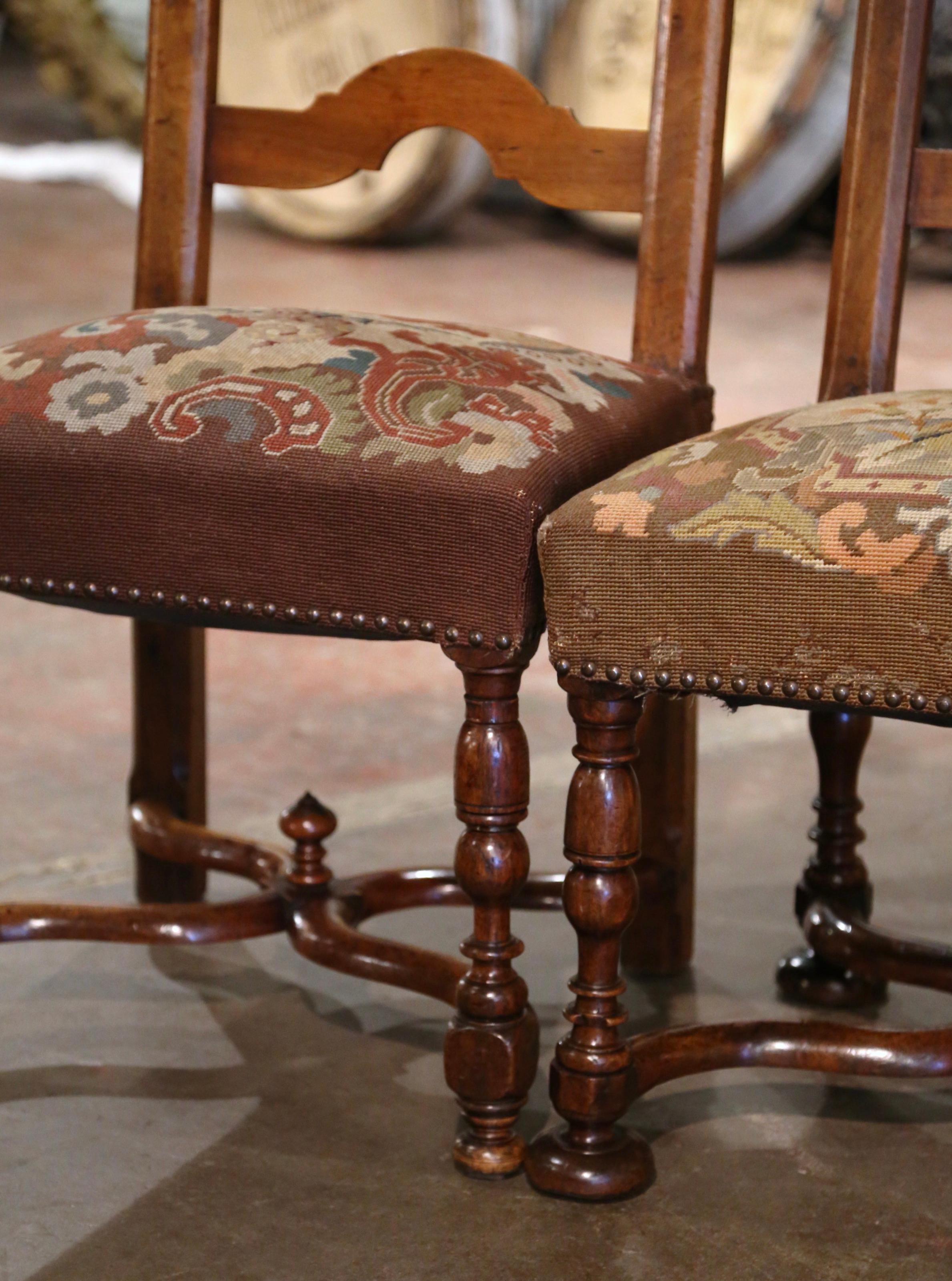 Hand-Carved Pair of 19th Century French Carved Walnut Chairs with Needlepoint Upholstery For Sale