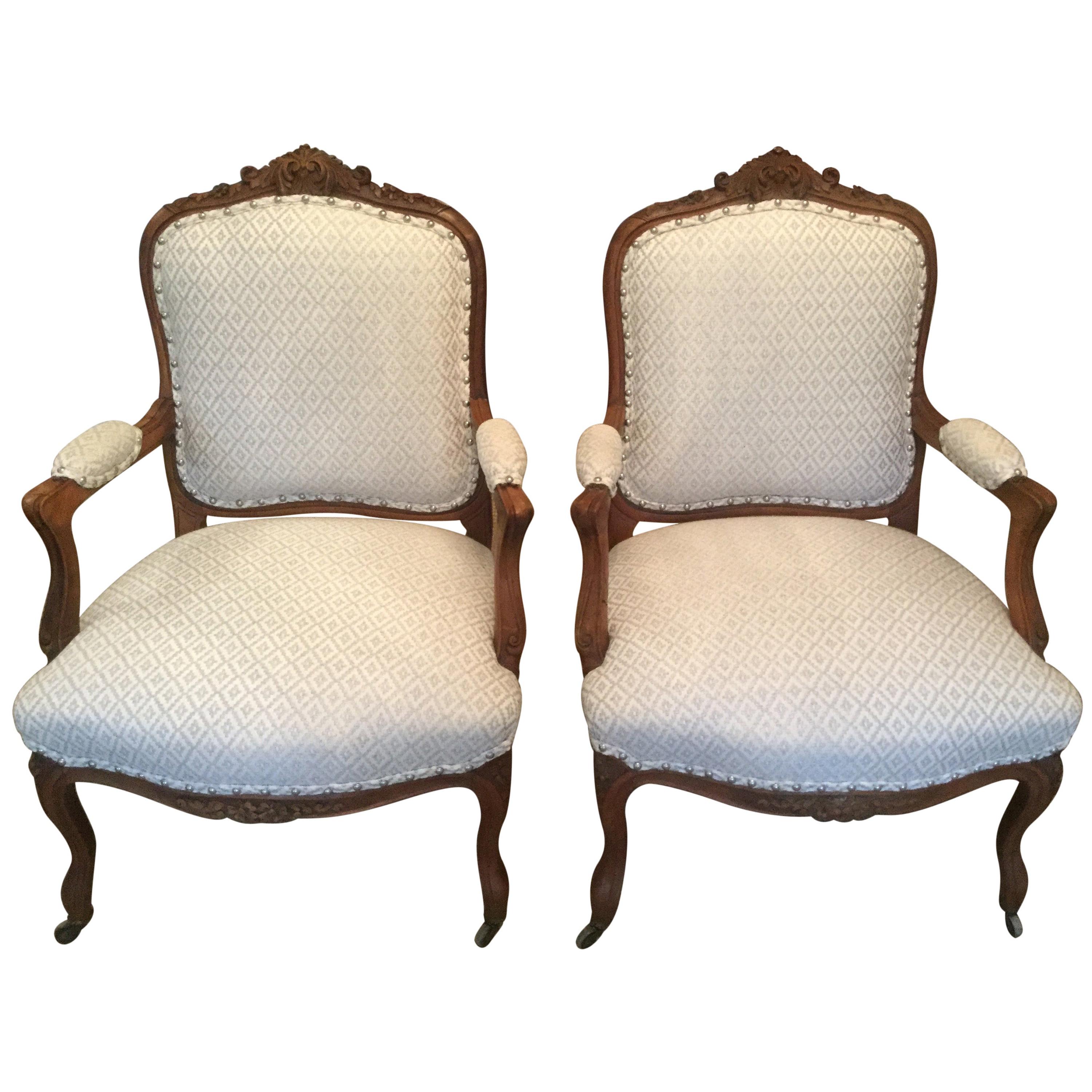 Pair of 19th Century French Carved Walnut Chairs with New Upholstery For Sale