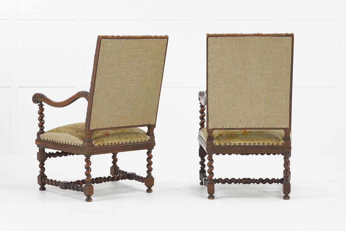 Pair of 19th Century French Carved Walnut Tapestry Chairs For Sale 4