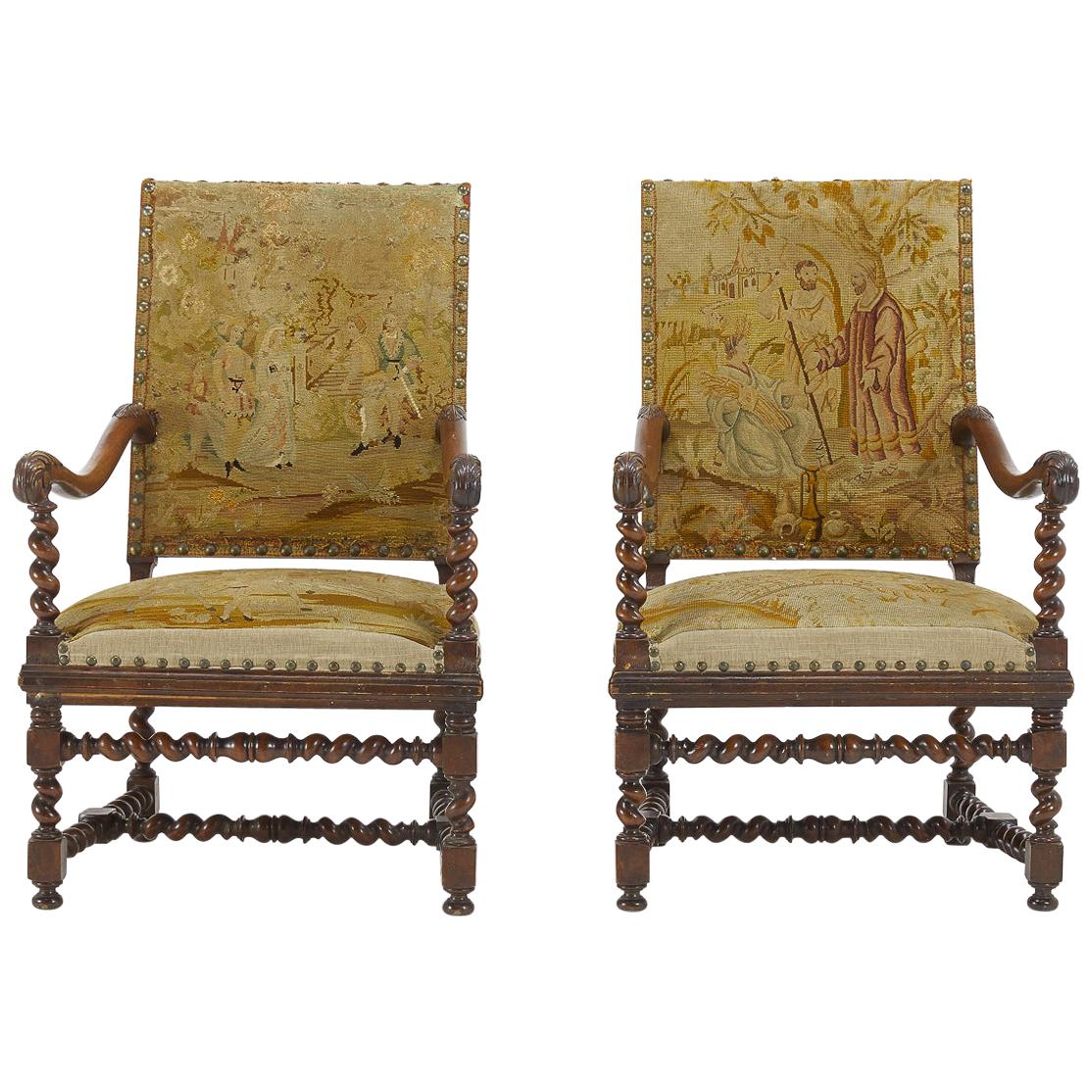 Pair of 19th Century French Carved Walnut Tapestry Chairs For Sale