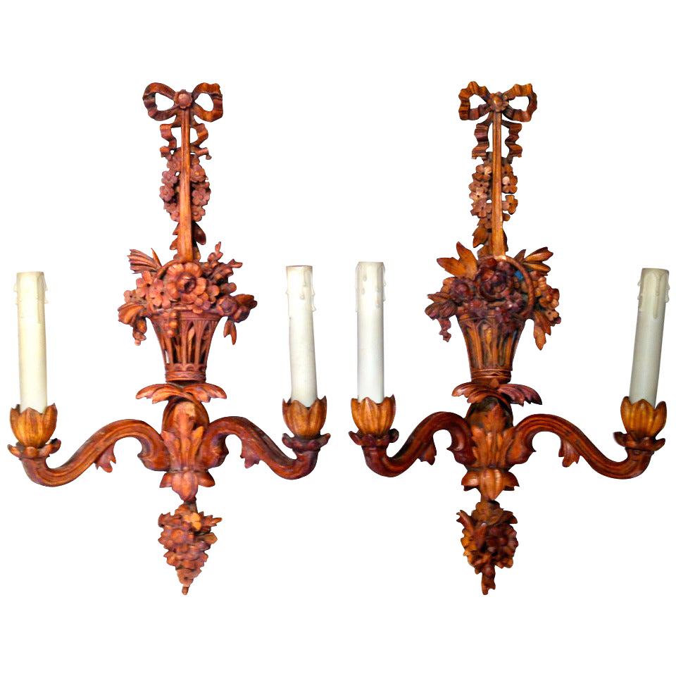 Pair of 19th Century French Carved Wooden Sconces with Basket of Flowers and Bow For Sale