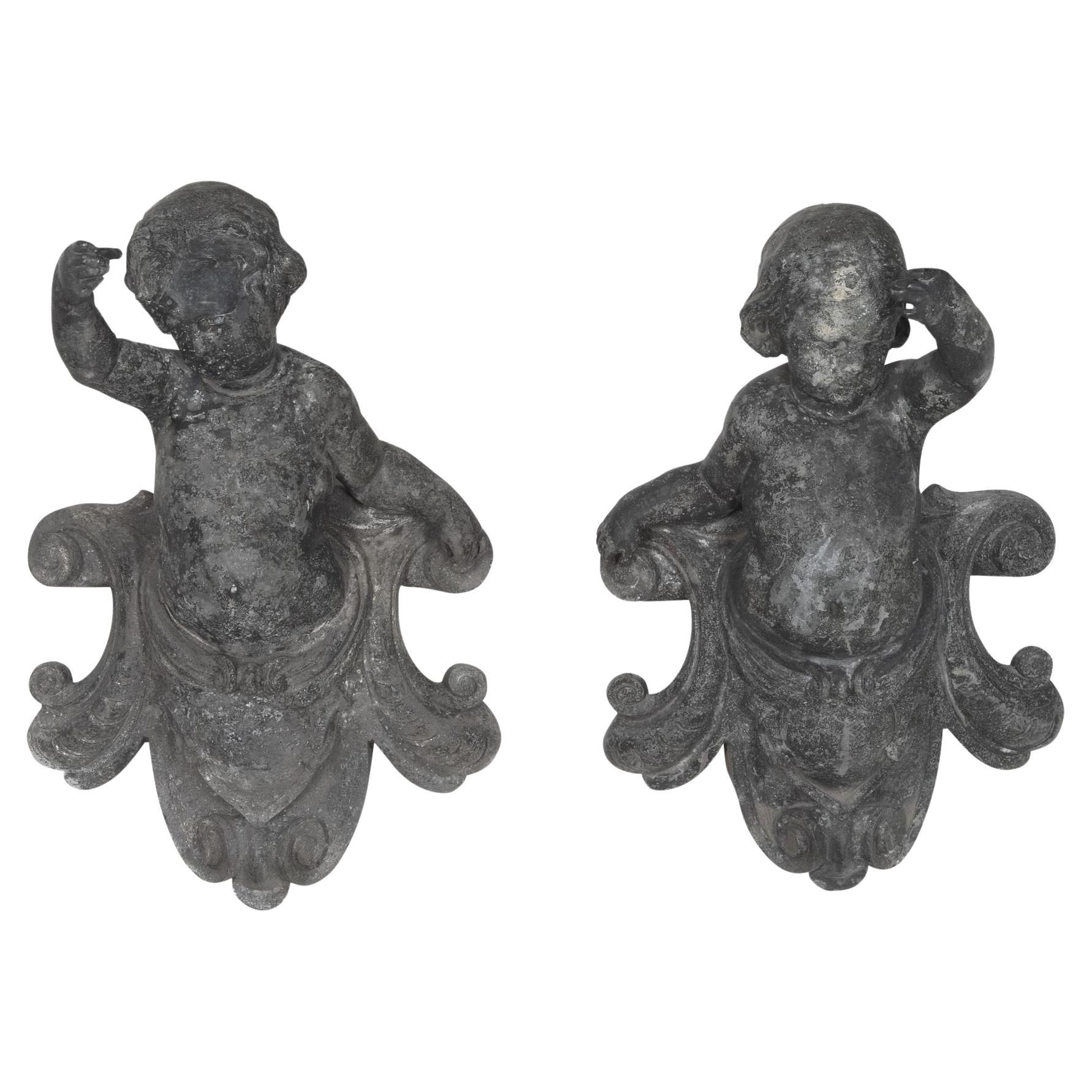 Pair of 19th Century French Cast Alloy Putti Figures For Sale