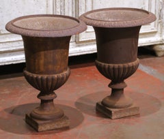 Pair of 19th Century French Cast Iron Medici Urns with Original Patina