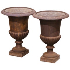 Pair of 19th Century French Cast Iron Medici Urns with Original Patina