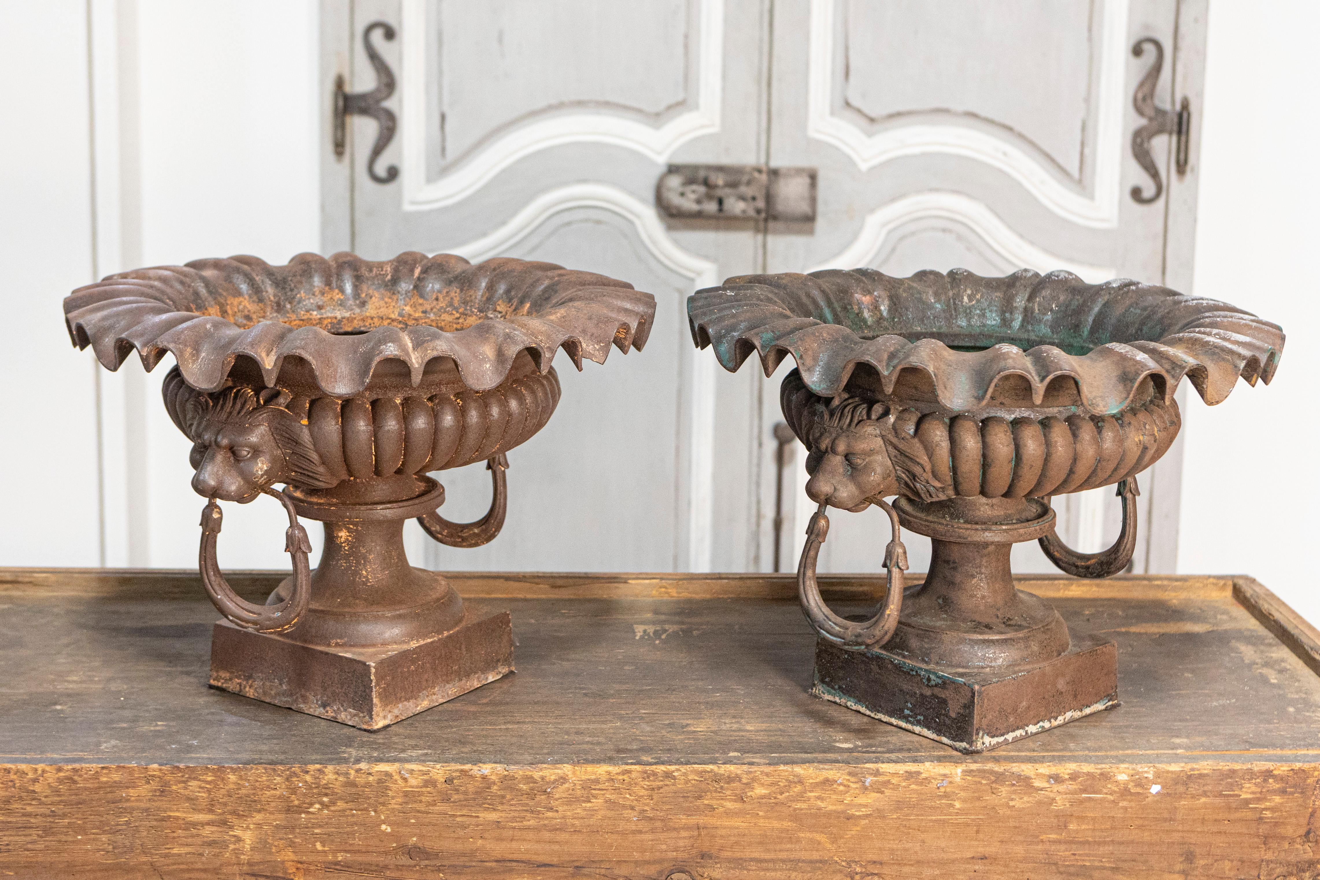 Una splendida coppia di urne in ghisa francesi del XIX secolo, che trasudano eleganza classica e fine artigianato. Queste urne decorative sono caratterizzate da cerchi smerlati dal design intricato che creano un effetto visivo di grande impatto,