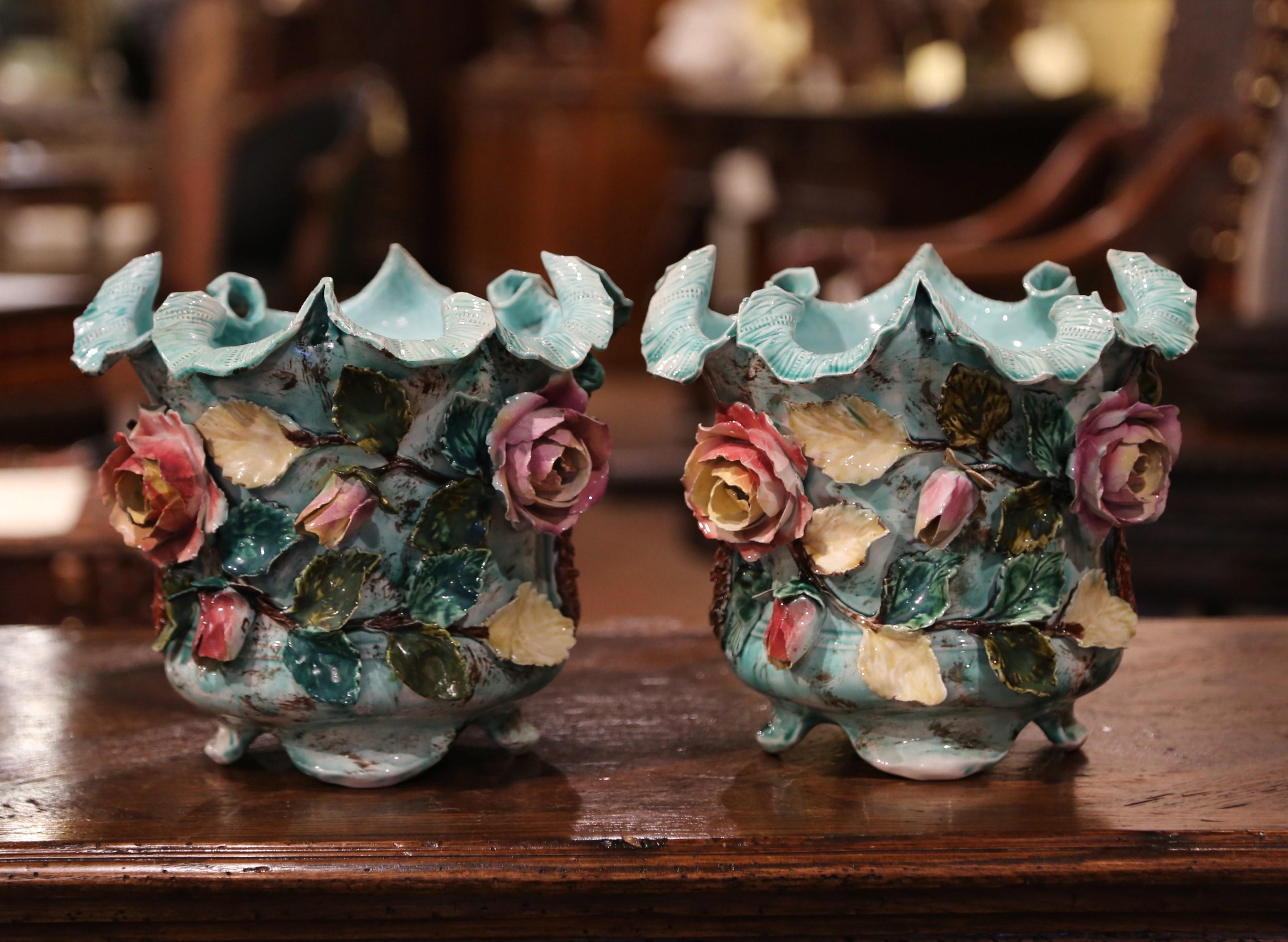 Pair of 19th Century French Ceramic Barbotine Cache Pots with Floral Decor In Excellent Condition In Dallas, TX