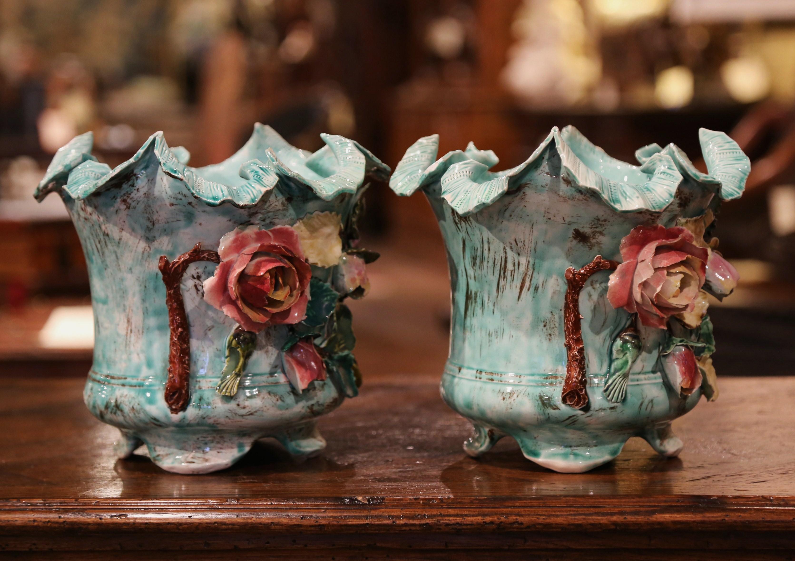 Pair of 19th Century French Ceramic Barbotine Cache Pots with Floral Decor 3