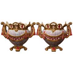 Antique Pair of 19th Century French Ceramic Barbotine Cache Pots with Tassel Decor