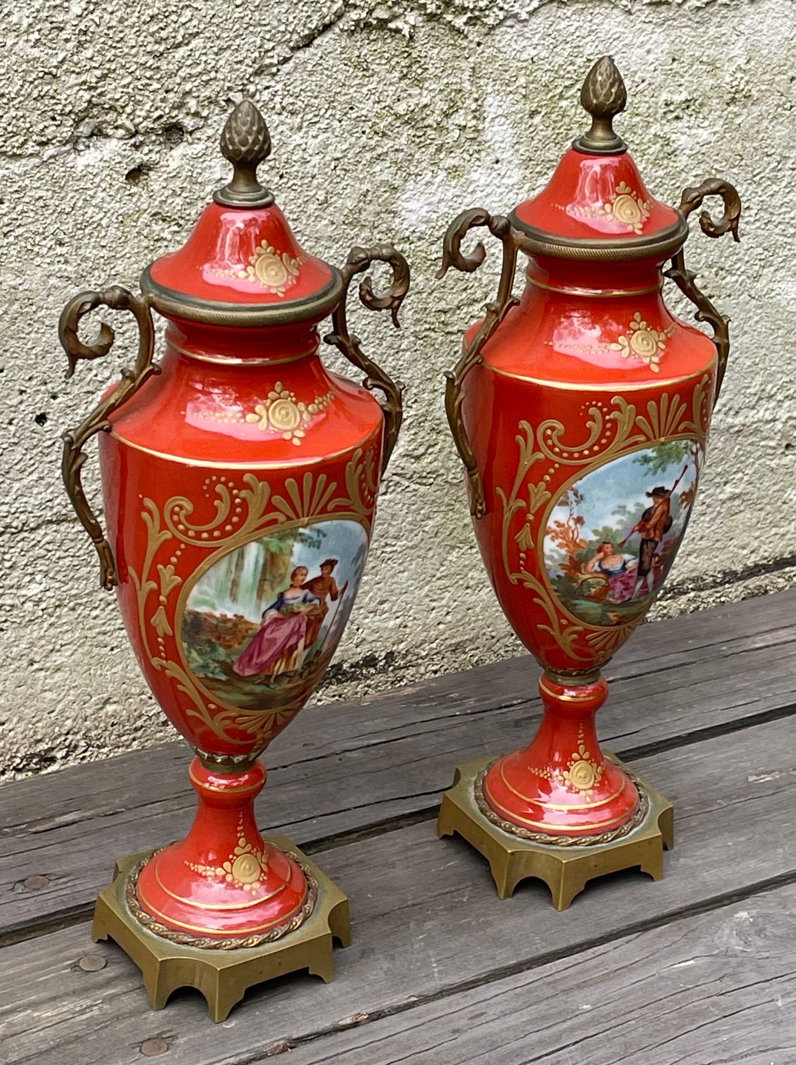 Hand-Painted Pair of 19th Century French Ceramic Urns with Cast Bronze Accents For Sale